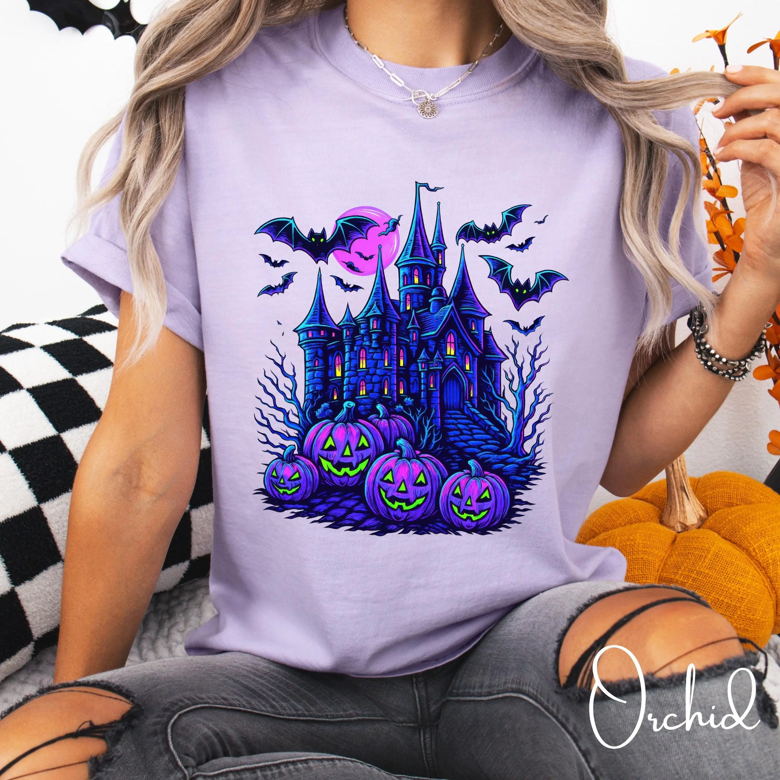 Comfort Colors Haunted Mansion Shirt, Bats Pumpkin Moon Vintage Halloween Spooky Season Graphic Tee Gift - photo 5
