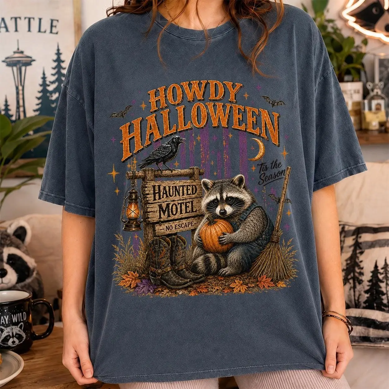 Haunted Motel No Escape Shirt, Western Raccoon Pumpkin Howdy Tee, Rustic Cowboy Autumn Halloween Comfort Colors Gift