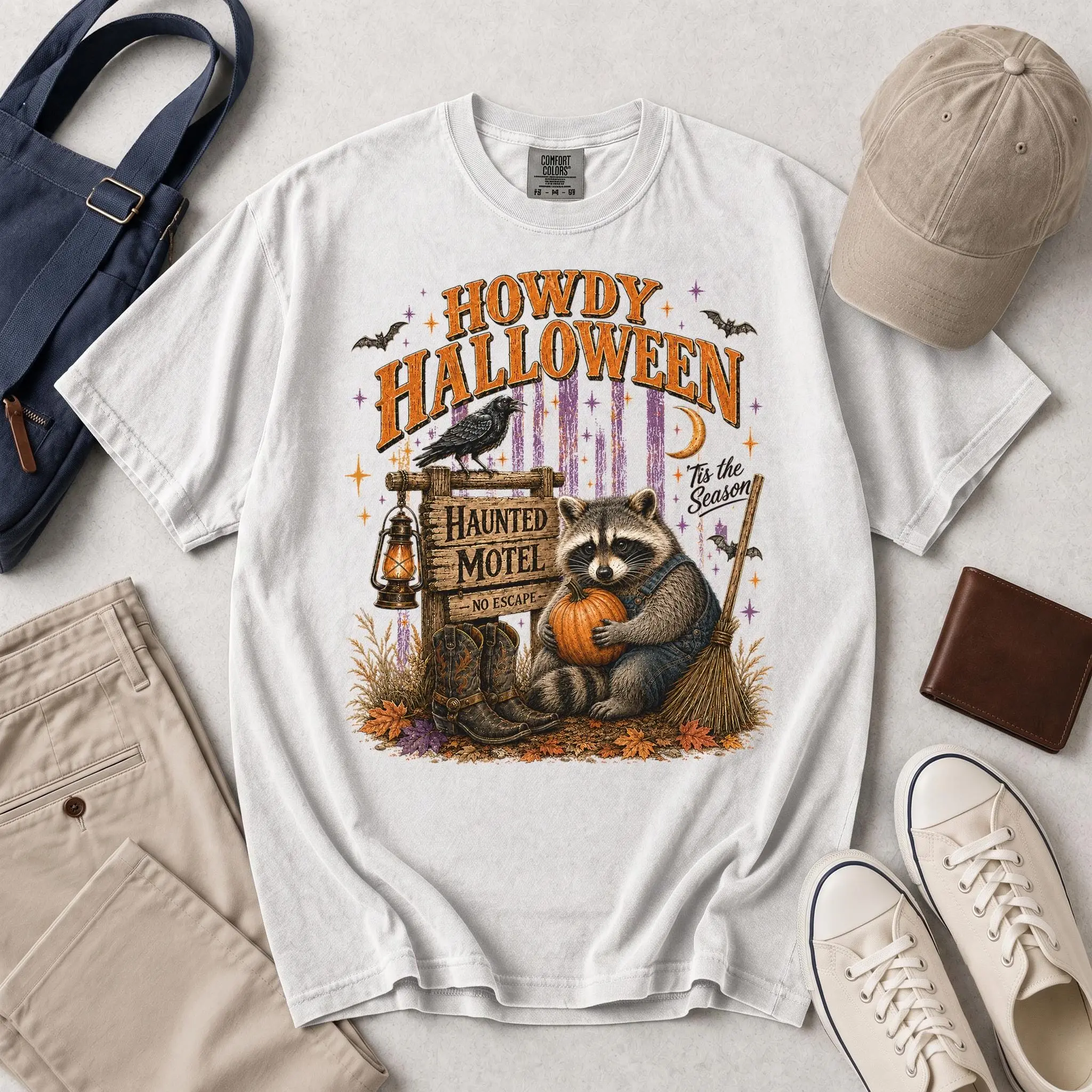 Haunted Motel No Escape Shirt, Western Raccoon Pumpkin Howdy Tee, Rustic Cowboy Autumn Halloween Comfort Colors Gift - photo 2