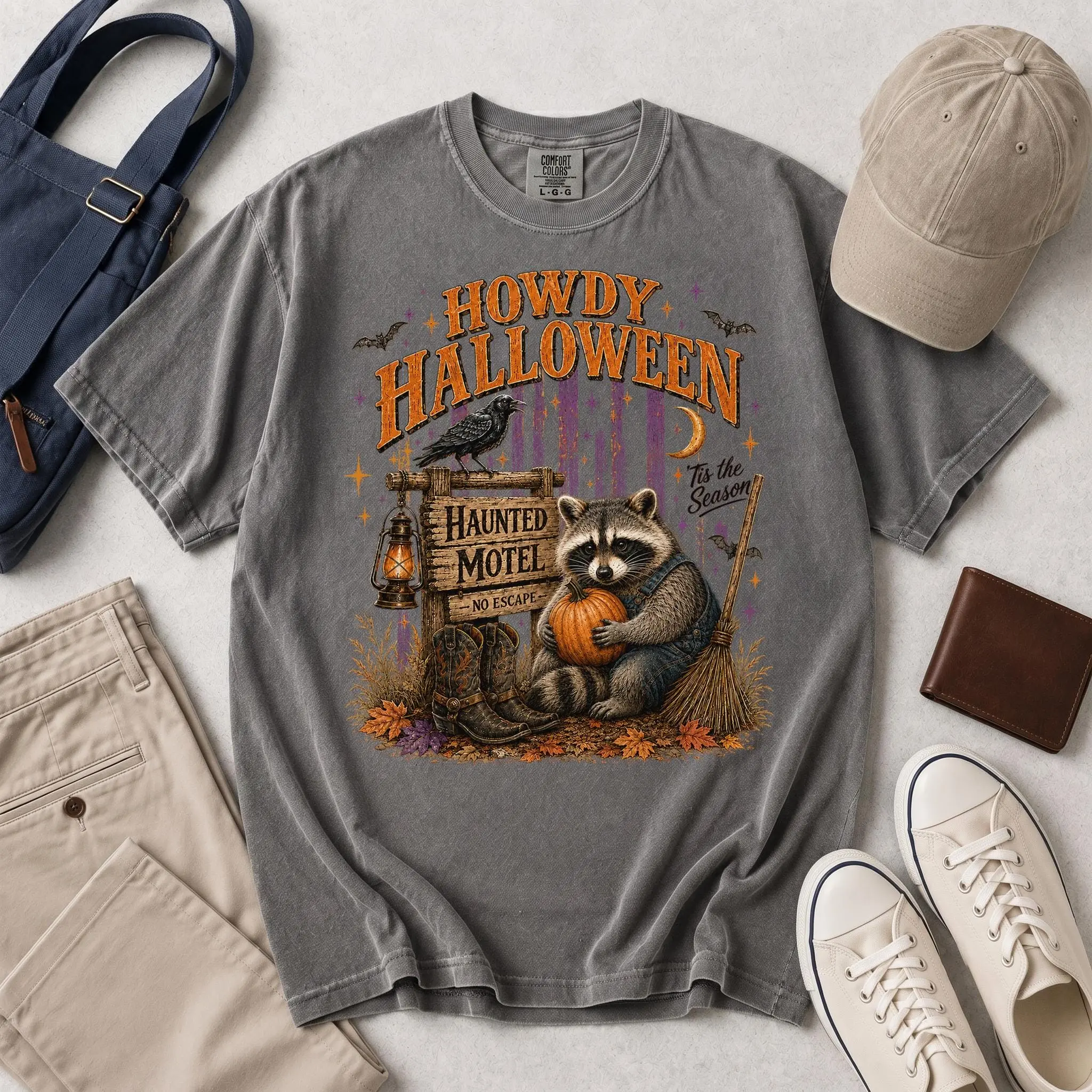 Haunted Motel No Escape Shirt, Western Raccoon Pumpkin Howdy Tee, Rustic Cowboy Autumn Halloween Comfort Colors Gift - photo 3