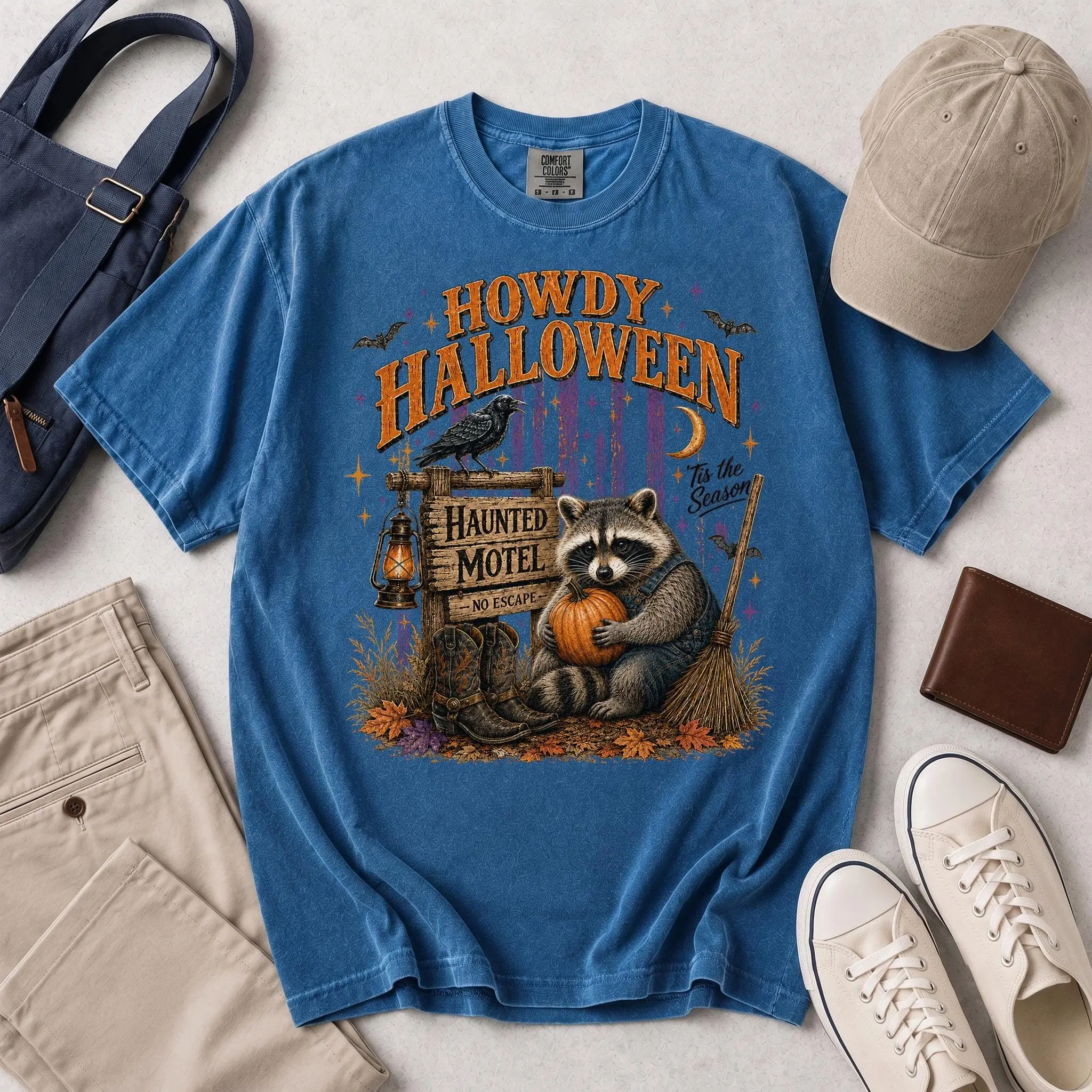 Haunted Motel No Escape Shirt, Western Raccoon Pumpkin Howdy Tee, Rustic Cowboy Autumn Halloween Comfort Colors Gift - photo 4
