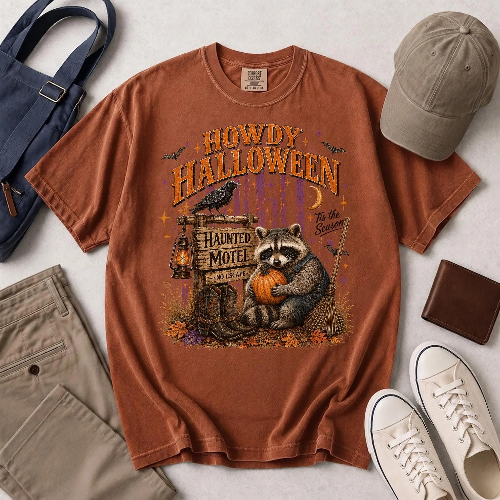 Haunted Motel No Escape Shirt, Western Raccoon Pumpkin Howdy Tee, Rustic Cowboy Autumn Halloween Comfort Colors Gift - photo 5