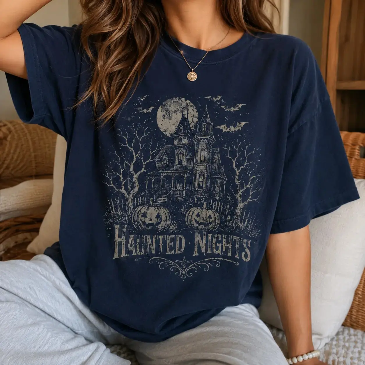 Haunted Nights Vintage Halloween House Shirt, Spooky Pumpkin Graphic Tee, Gothic Retro Fall Horror Costume Top