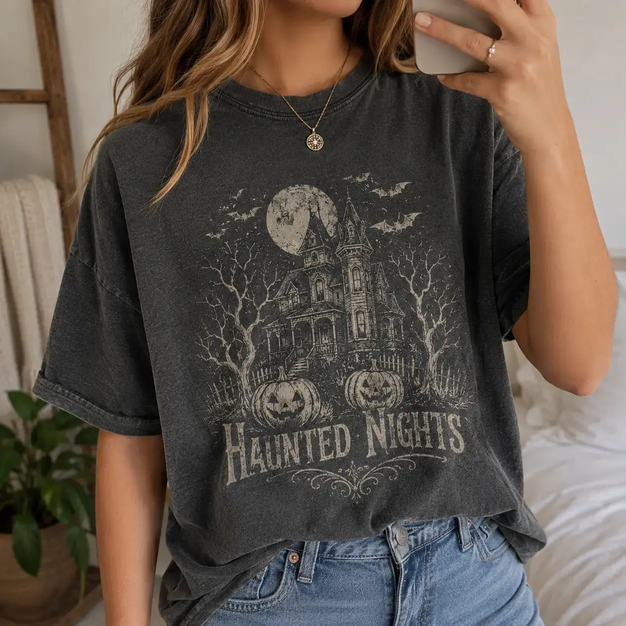 Haunted Nights Vintage Halloween House Shirt, Spooky Pumpkin Graphic Tee, Gothic Retro Fall Horror Costume Top - photo 2