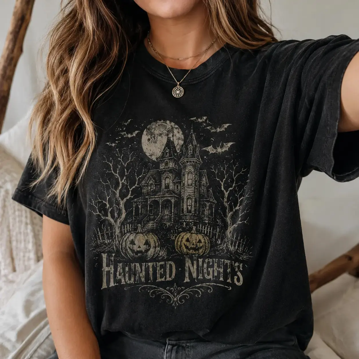 Haunted Nights Vintage Halloween House Shirt, Spooky Pumpkin Graphic Tee, Gothic Retro Fall Horror Costume Top - photo 3