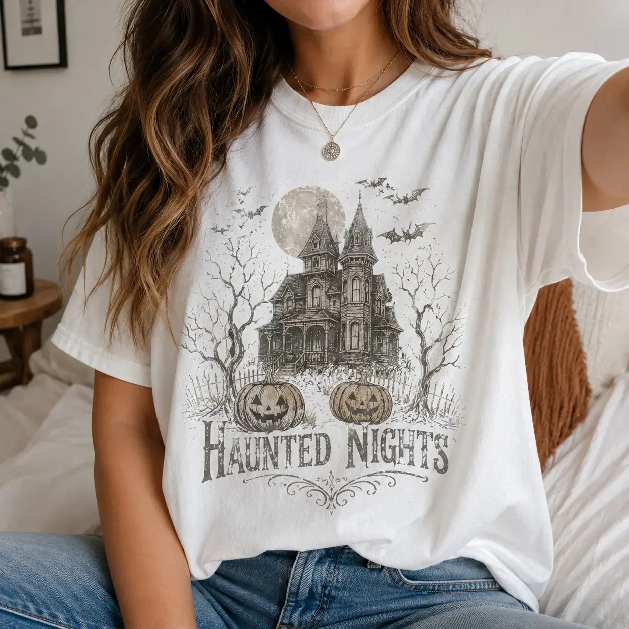 Haunted Nights Vintage Halloween House Shirt, Spooky Pumpkin Graphic Tee, Gothic Retro Fall Horror Costume Top - photo 4