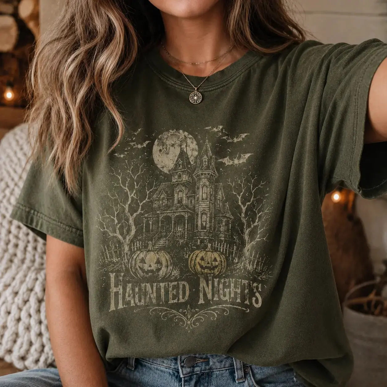 Haunted Nights Vintage Halloween House Shirt, Spooky Pumpkin Graphic Tee, Gothic Retro Fall Horror Costume Top - photo 5