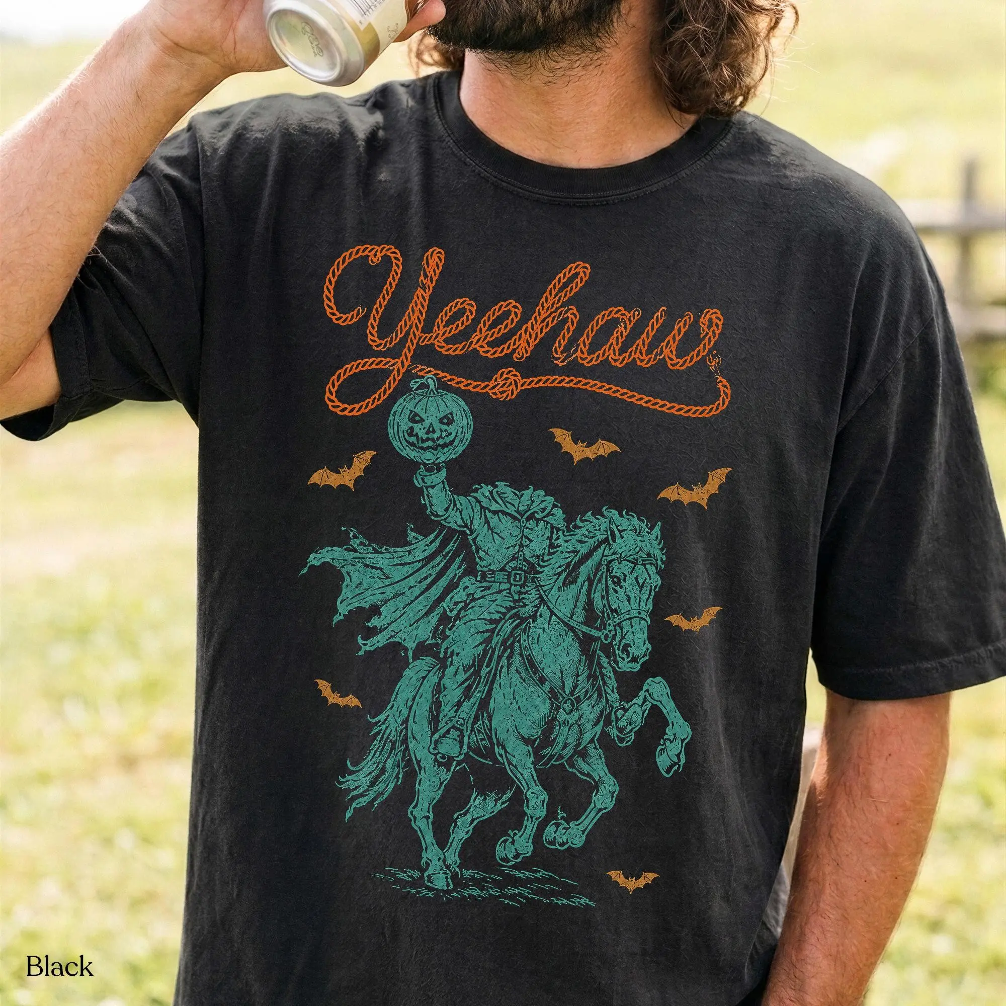 Headless Horseman Halloween Hoodie, Vintage Western Yeehaw Comfort Colors Graphic Pullover - photo 2