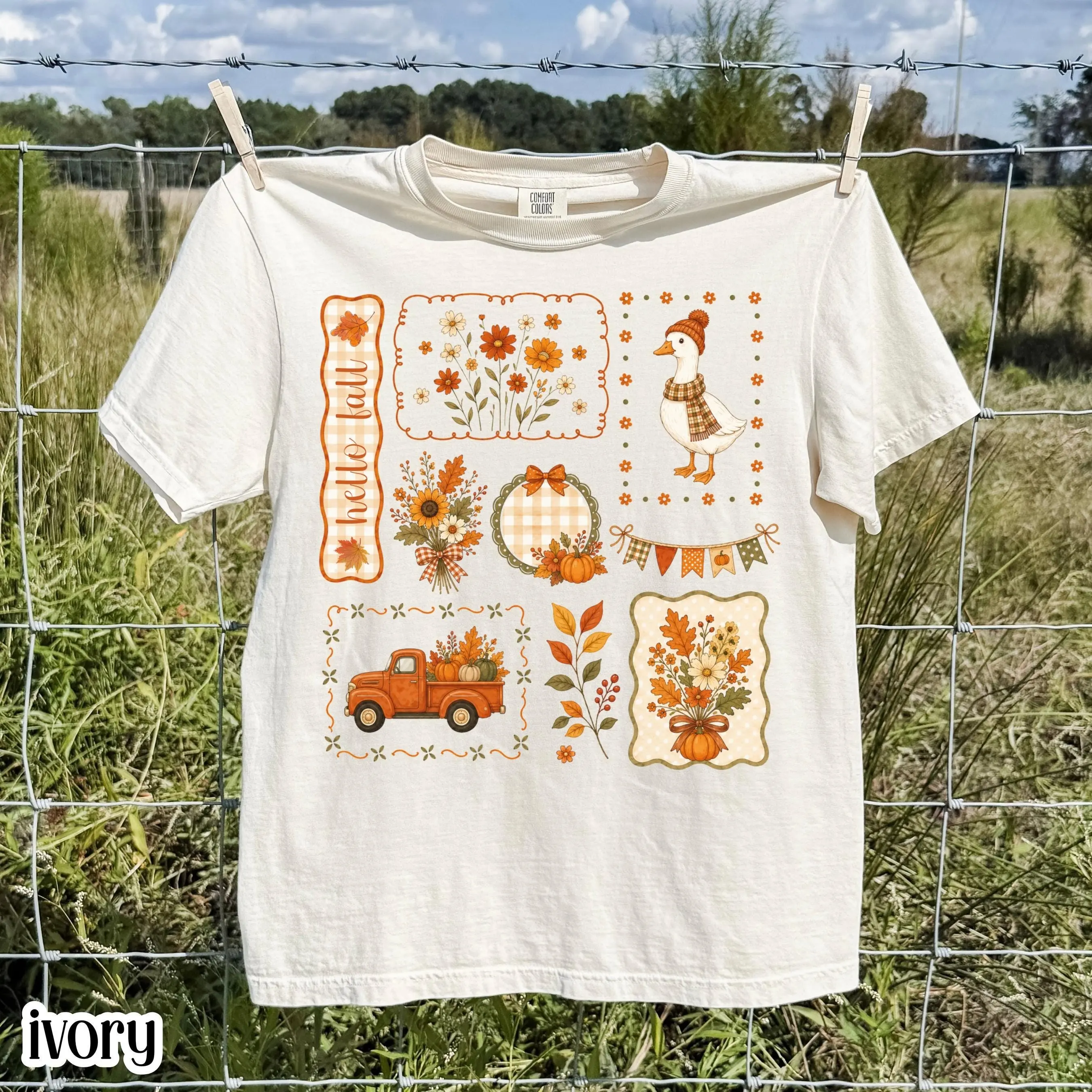 Hello Fall Autumn Comfort Colors Shirt, Vintage Pumpkin Patch Goose Truck Floral Cottagecore Cozy Harvest Season Tee