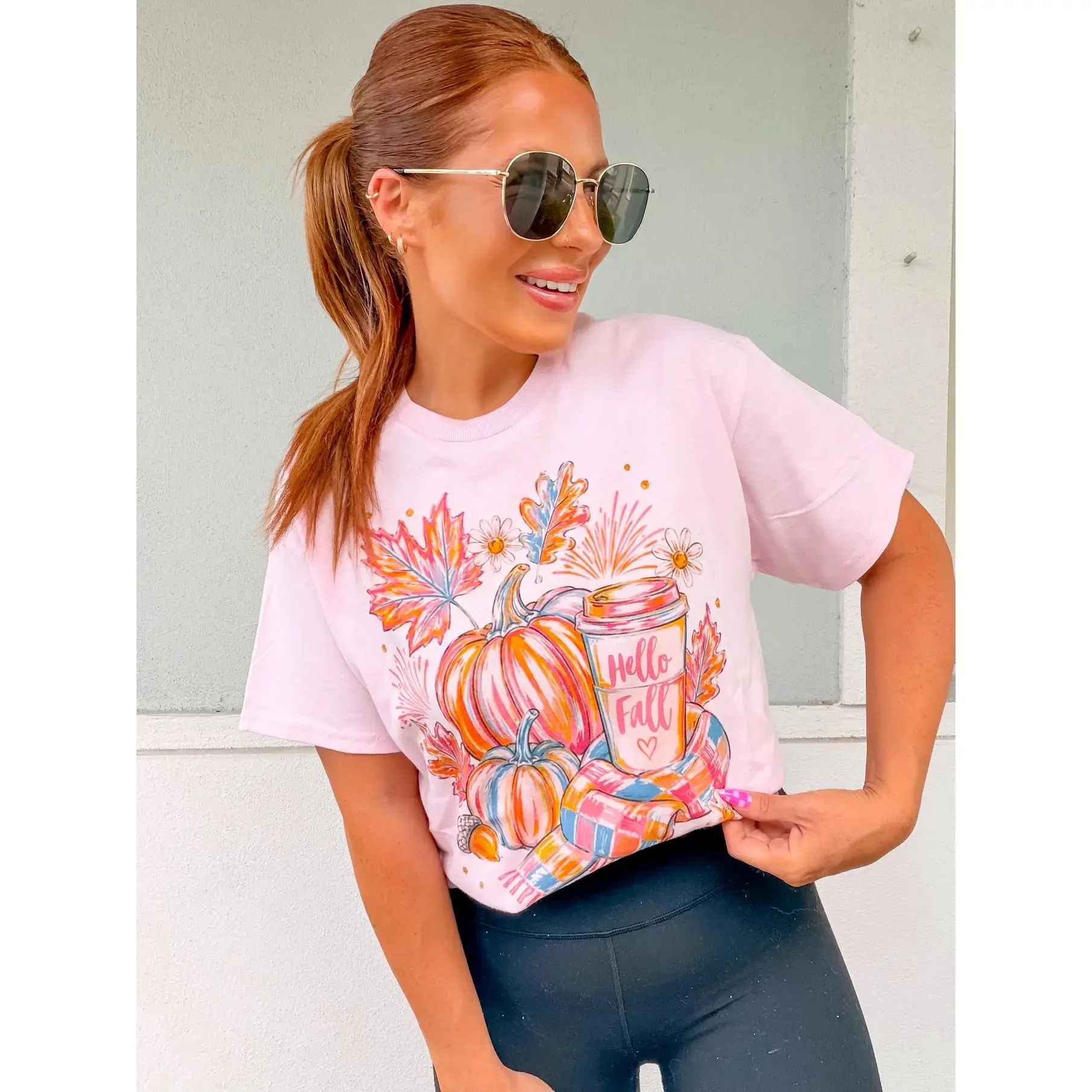 Hello Fall Graphic Shirt for Women, Cute Autumn Leaves Print Casual Short Sleeve Season Tee