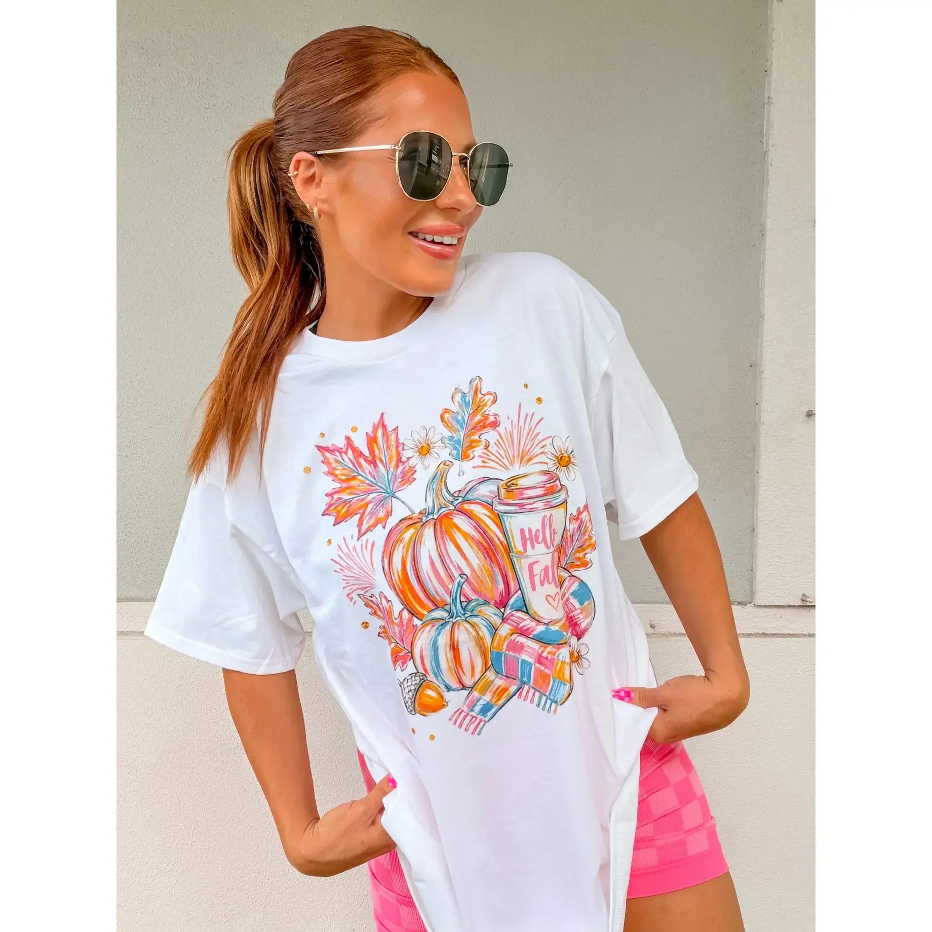 Hello Fall Graphic Shirt for Women, Cute Autumn Leaves Print Casual Short Sleeve Season Tee - photo 2