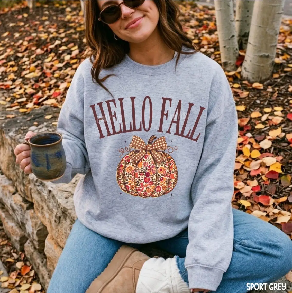 Hello Fall Sweatshirt, Floral Pumpkin Plaid Bow Autumn Crewneck, Trendy Thanksgiving Graphic Gift - photo 4