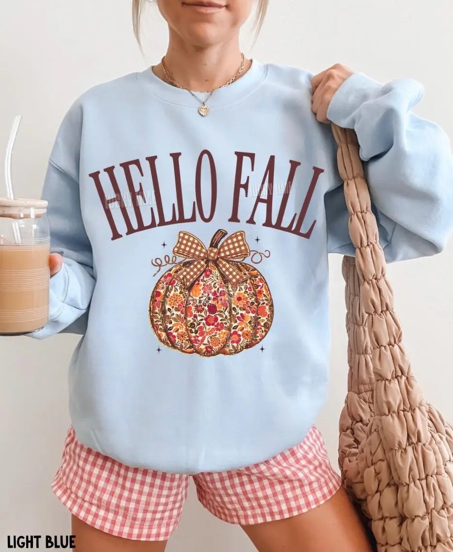 Hello Fall Sweatshirt, Floral Pumpkin Plaid Bow Autumn Crewneck, Trendy Thanksgiving Graphic Gift - photo 5