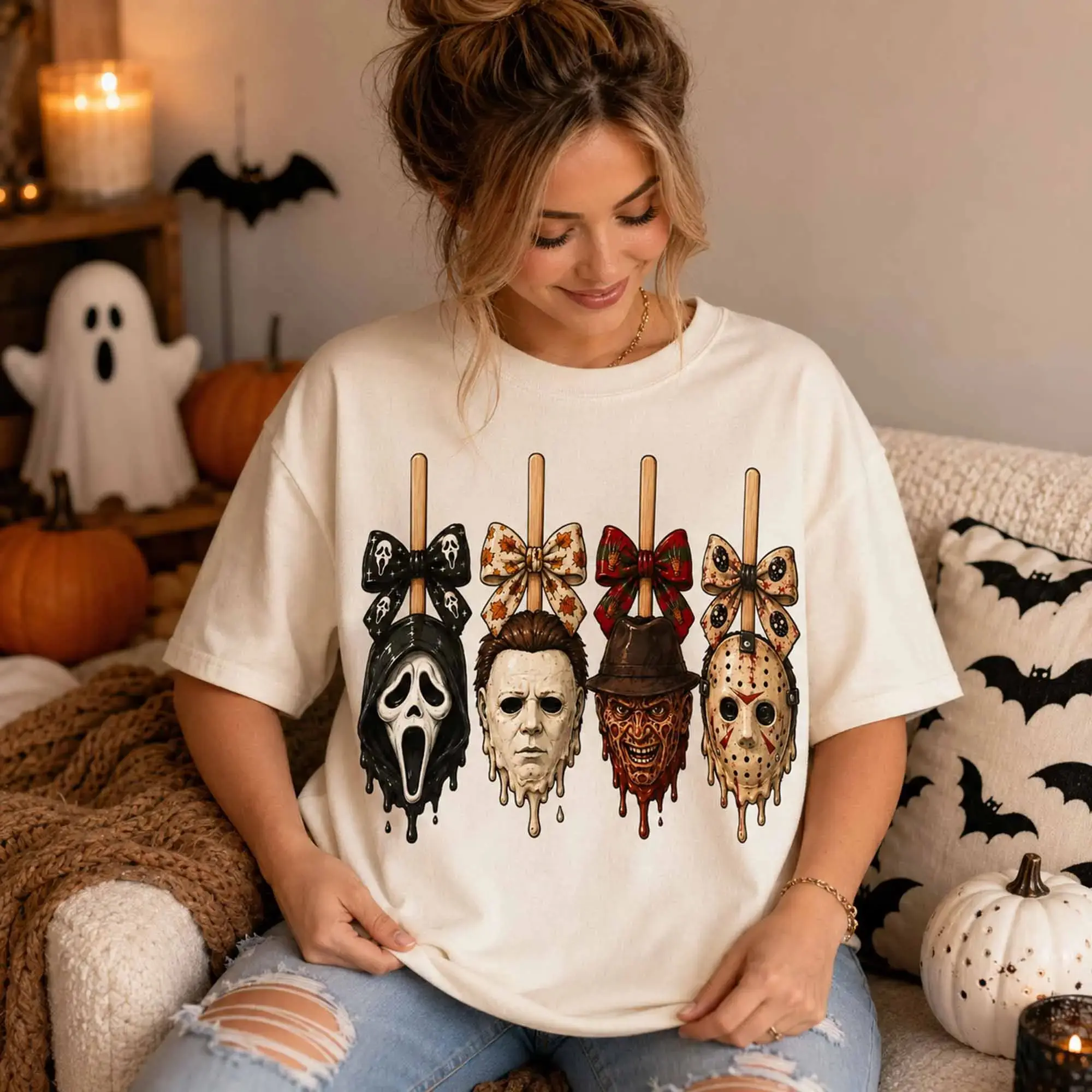 Horror Candy Apple Shirt, Spooky Season Graphic Tee, Trendy Fall Halloween Character Design