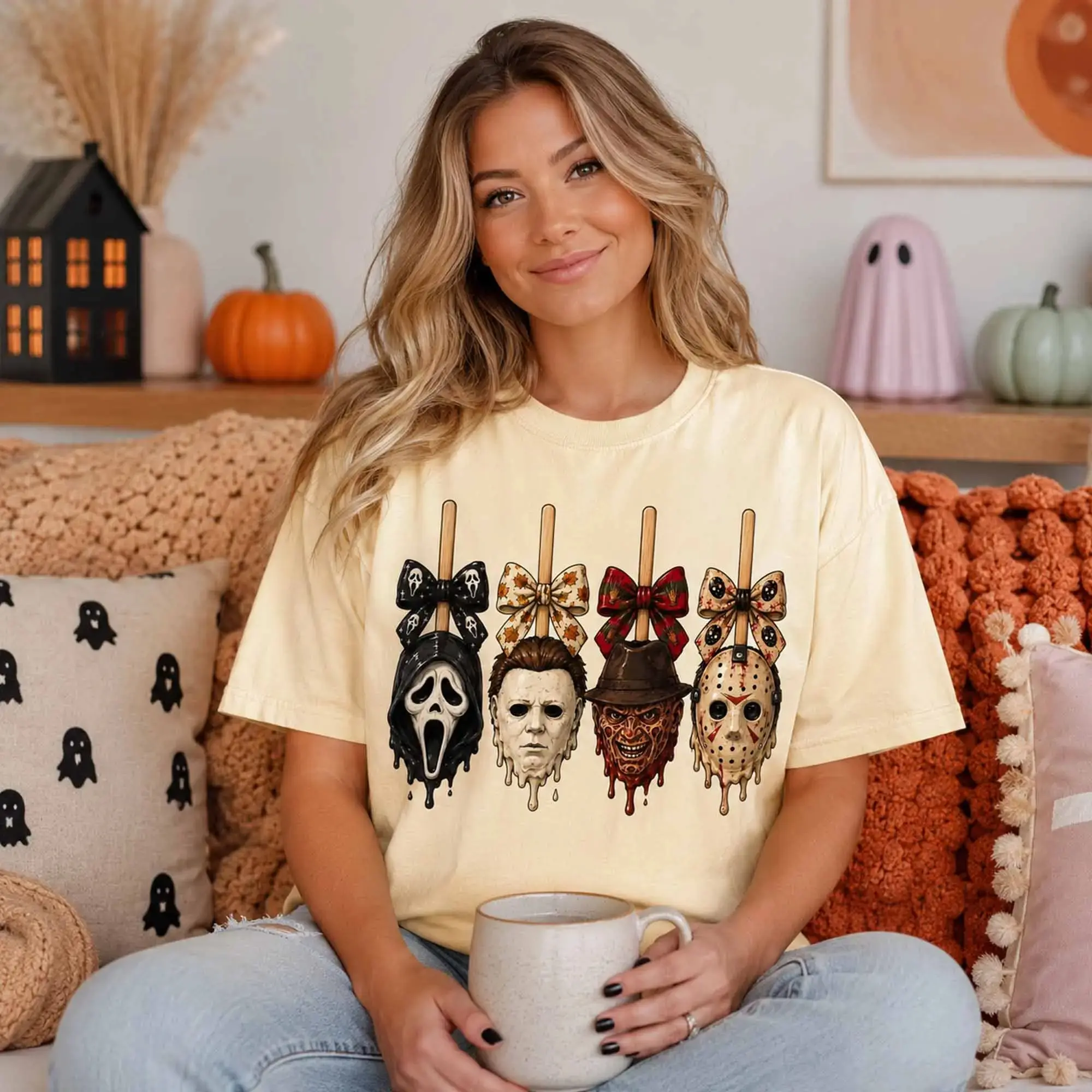Horror Candy Apple Shirt, Spooky Season Graphic Tee, Trendy Fall Halloween Character Design - photo 2