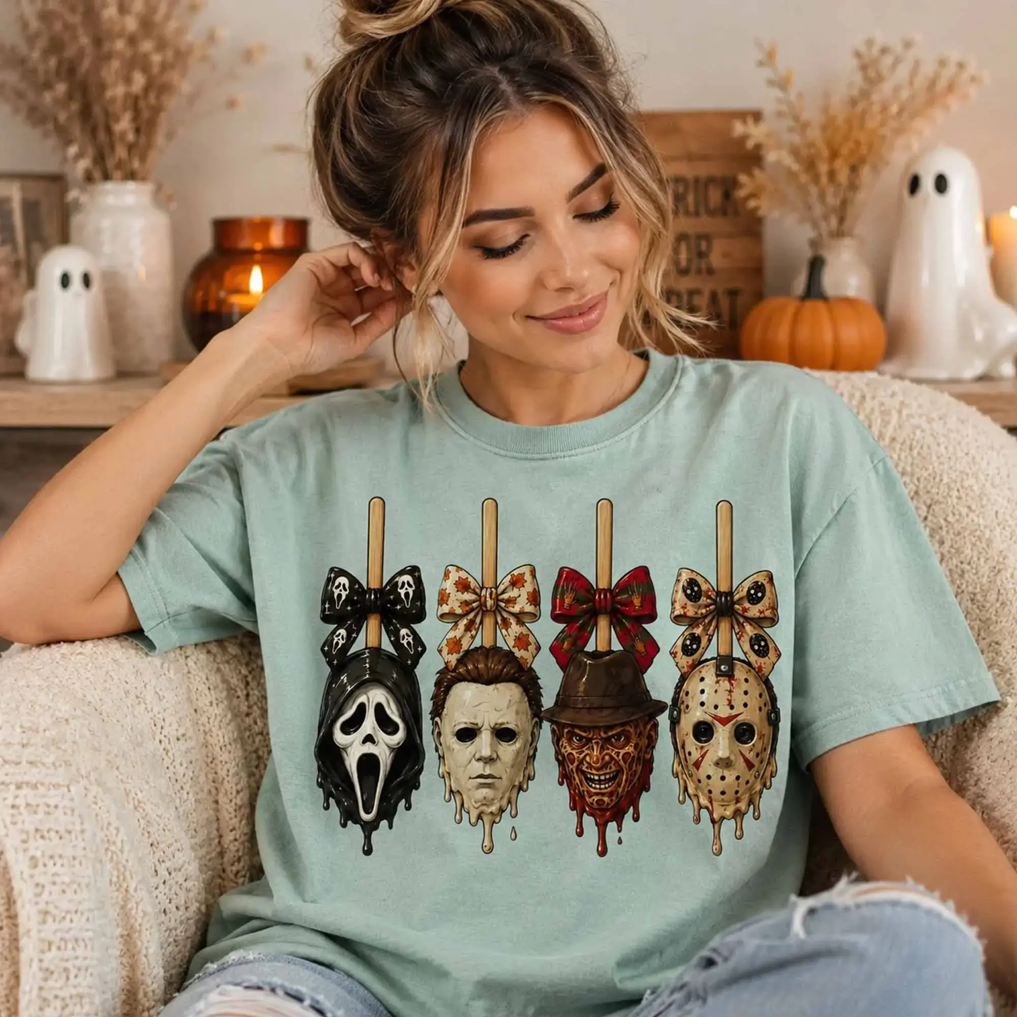 Horror Candy Apple Shirt, Spooky Season Graphic Tee, Trendy Fall Halloween Character Design - photo 3