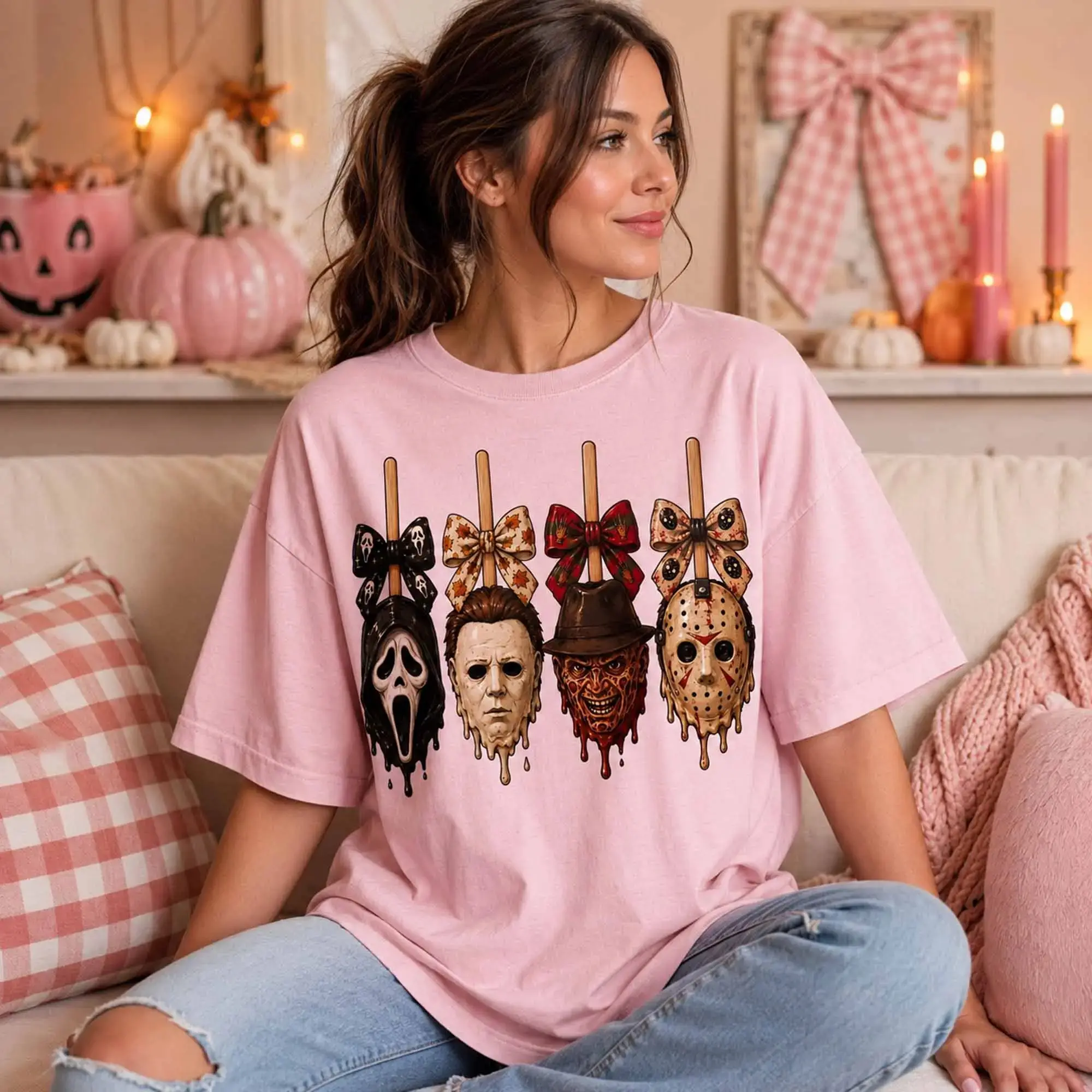 Horror Candy Apple Shirt, Spooky Season Graphic Tee, Trendy Fall Halloween Character Design - photo 4