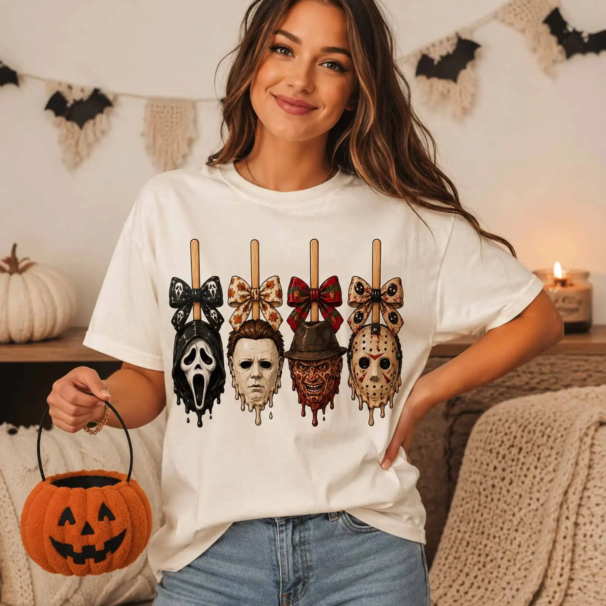 Horror Candy Apple Shirt, Spooky Season Graphic Tee, Trendy Fall Halloween Character Design - photo 5