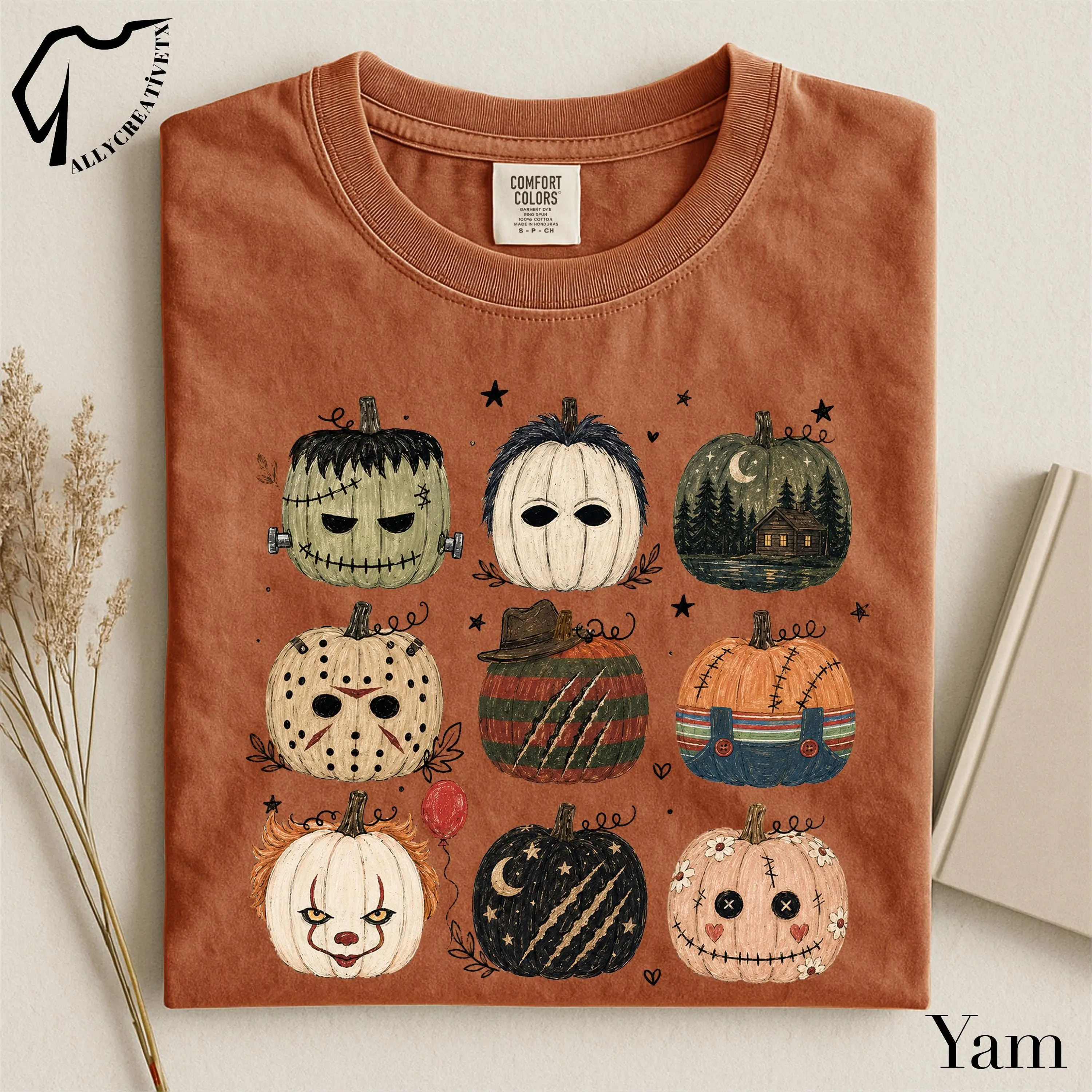 Horror Pumpkin Comfort Colors T-Shirt, Cute Scary Spooky Halloween Character Tee, Retro Fall Graphic Top