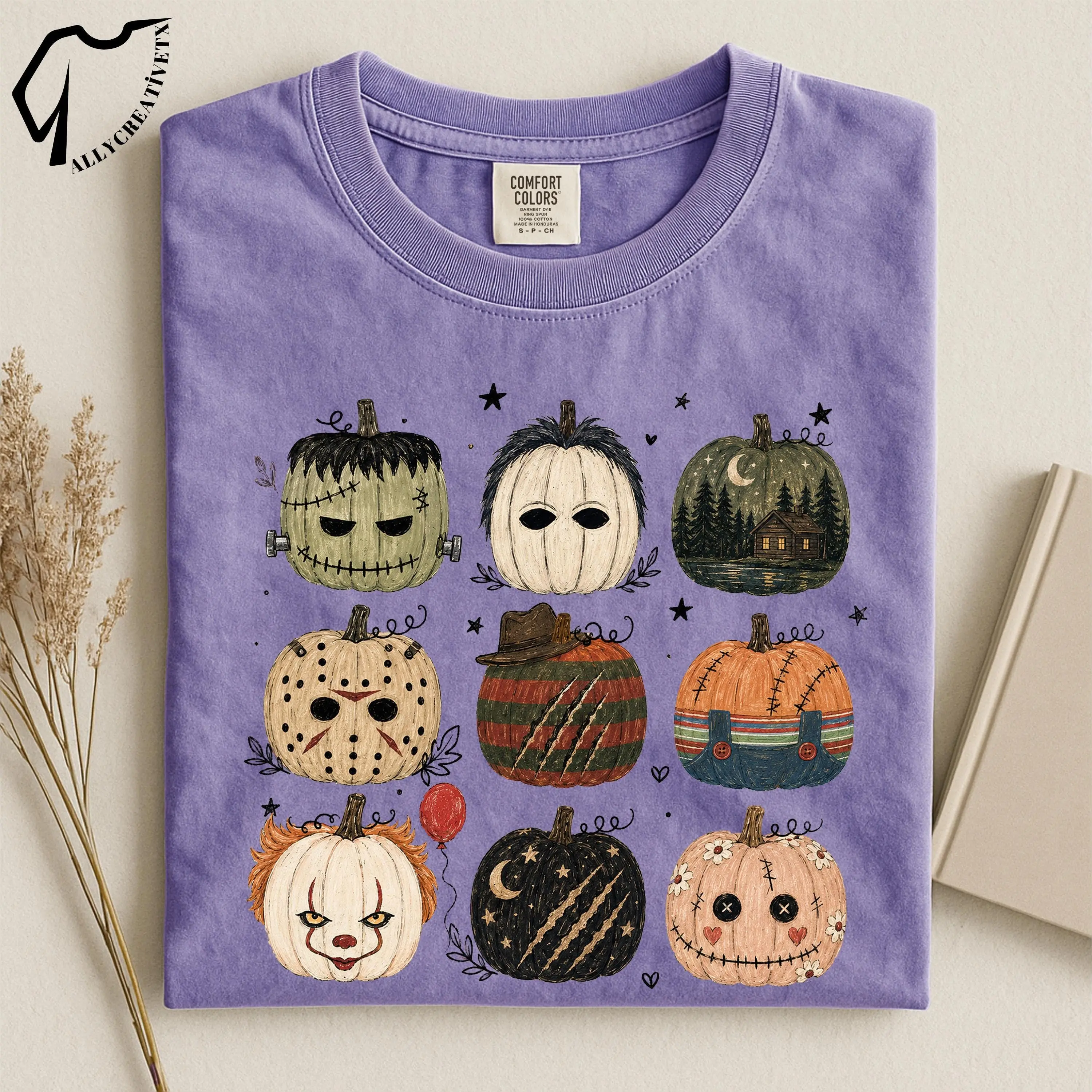 Horror Pumpkin Comfort Colors T-Shirt, Cute Scary Spooky Halloween Character Tee, Retro Fall Graphic Top - photo 3