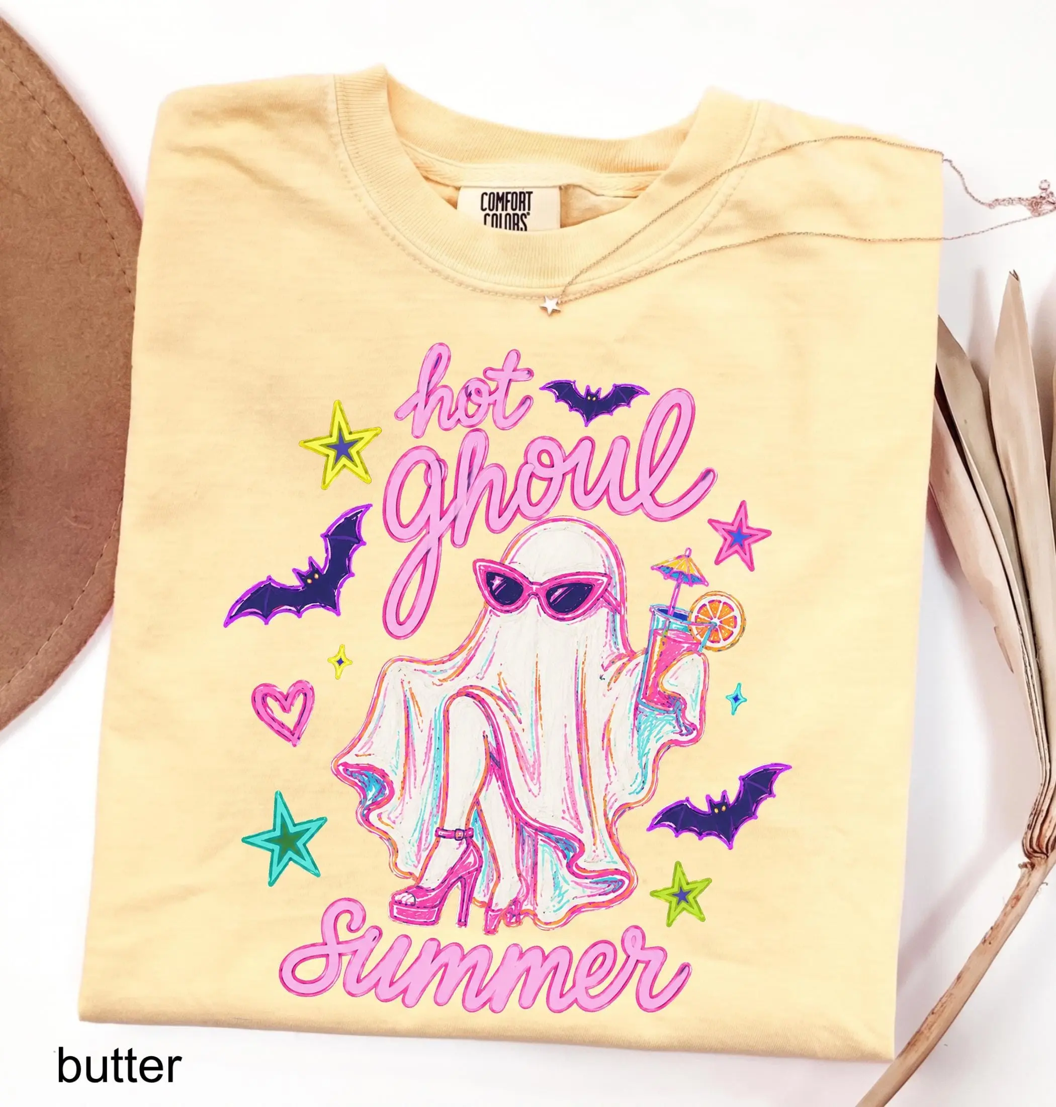 Comfort Colors Garment Dyed Hot Ghoul Summer Shirt, Funny Ghost Cocktail Summerween Halloween Womens Retro Tee - photo 3