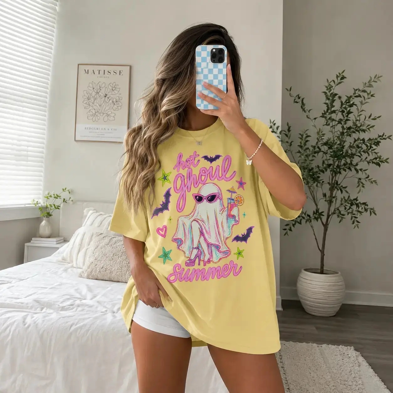 Hot Ghoul Summer Shirt for Women, Cute Pink Ghost Summerween Halloween Funny Cocktail Vintage Oversized Tee - photo 3