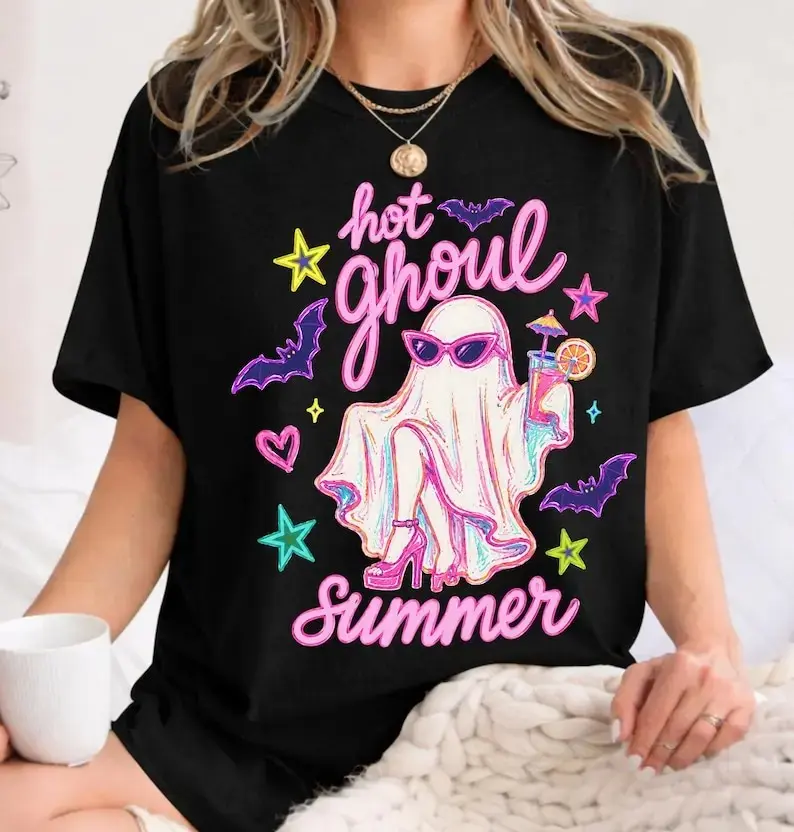 Hot Ghoul Summer Shirt, Spooky Halloween Summerween Girl Tee, Funny Ghost Cocktail Graphic Top