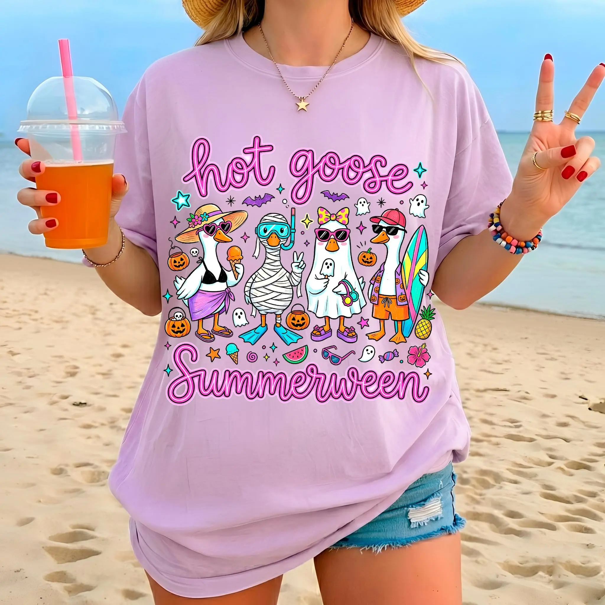 Comfort Colors Hot Goose Summerween Shirt, Doodle Spooky Trendy Summer Halloween Graphic Tee - photo 2