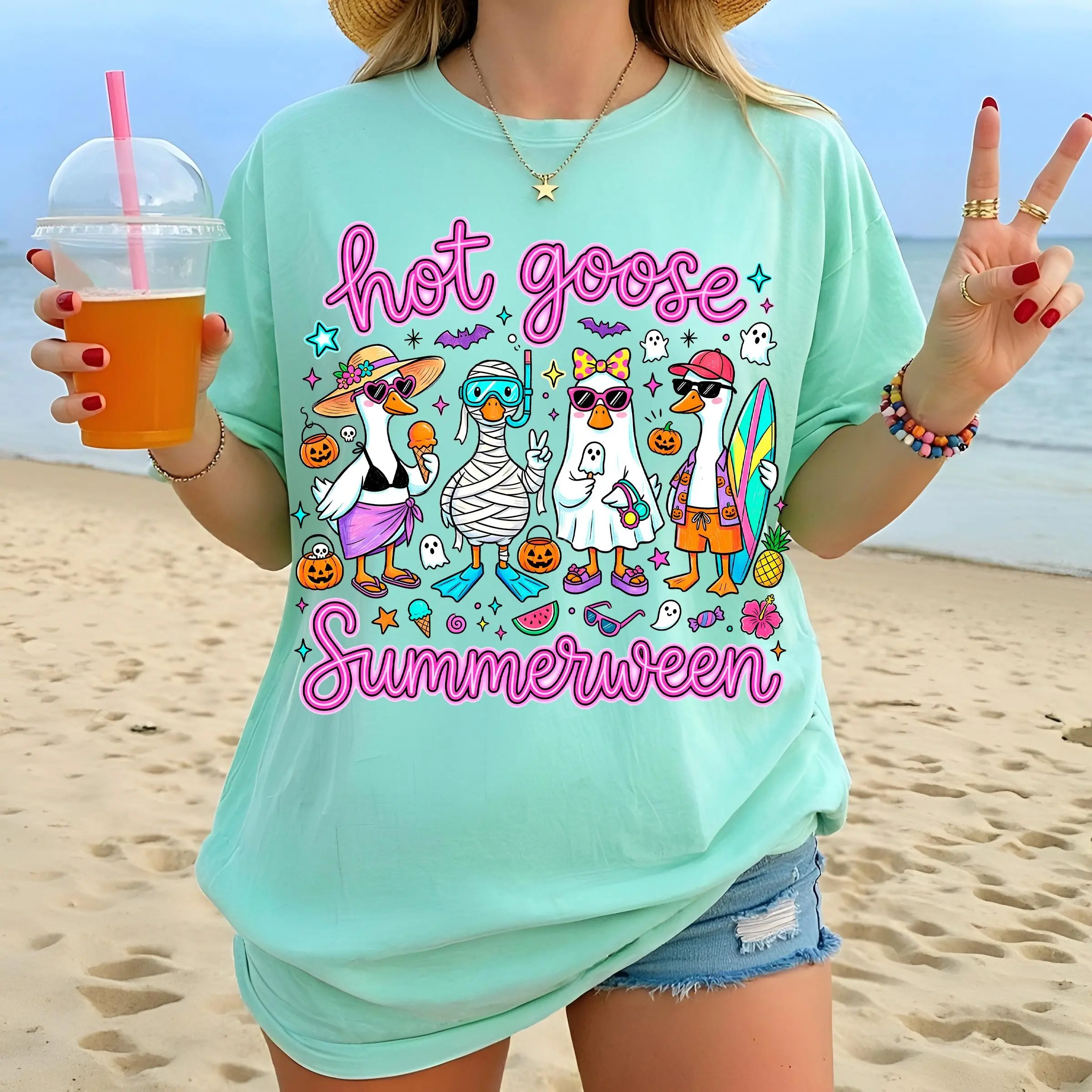 Comfort Colors Hot Goose Summerween Shirt, Doodle Spooky Trendy Summer Halloween Graphic Tee - photo 3