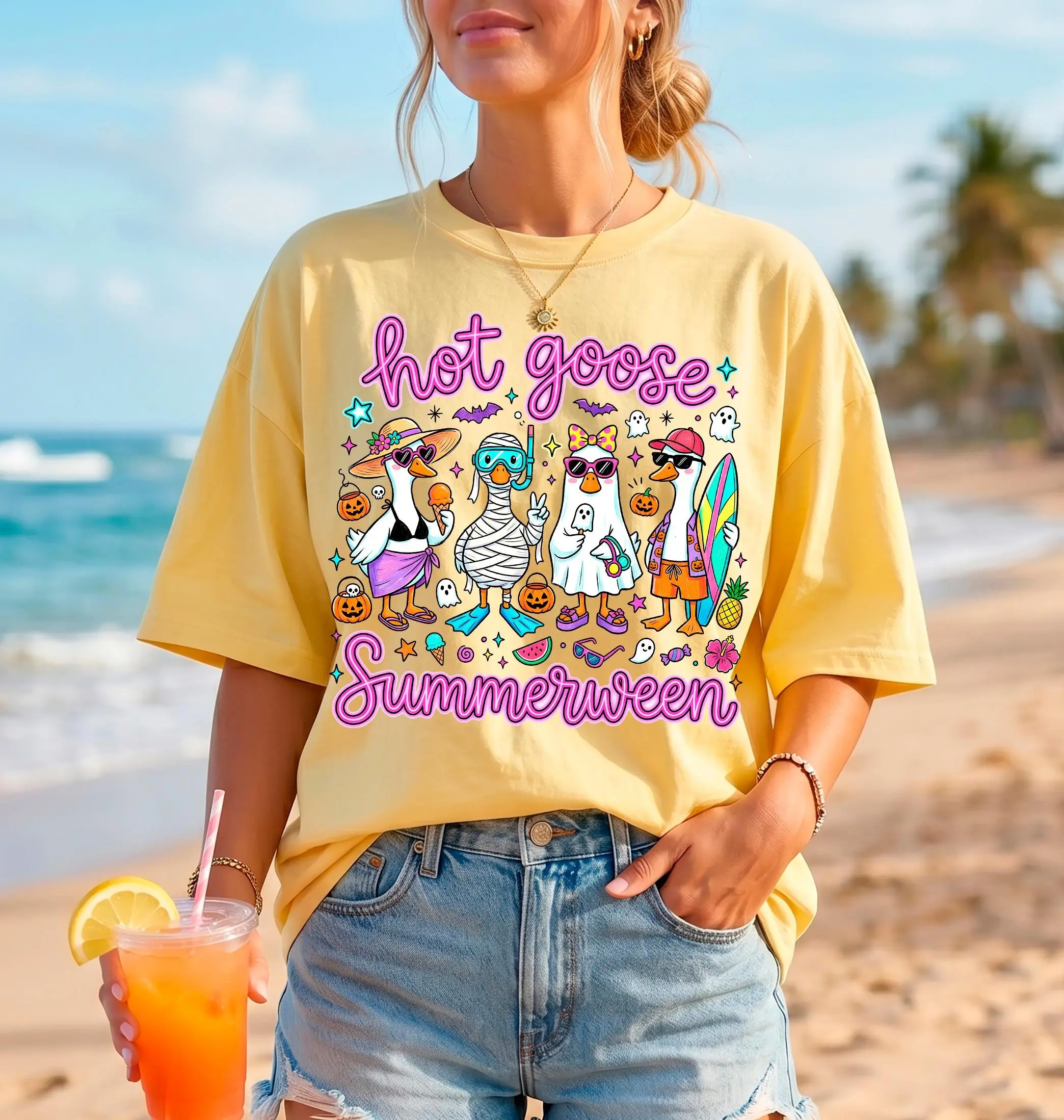 Comfort Colors Hot Goose Summerween Shirt, Doodle Spooky Trendy Summer Halloween Graphic Tee - photo 4