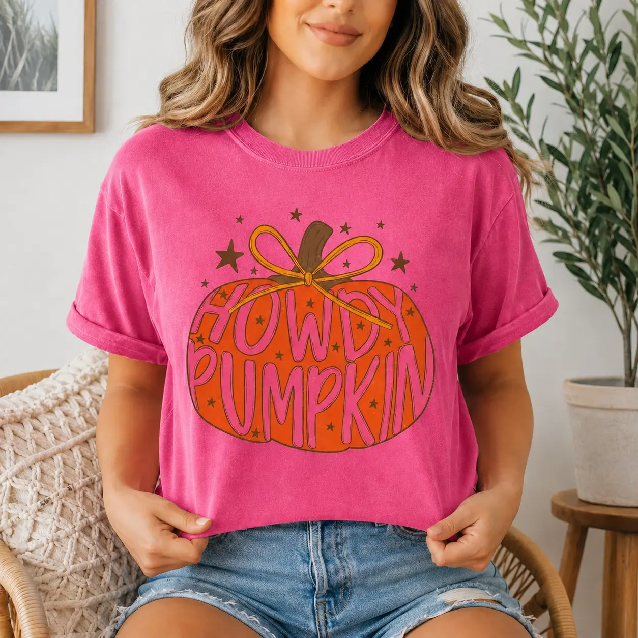 Comfort Colors Howdy Pumpkin Shirt, Cute Pink Western Fall Graphic Tee - photo 3