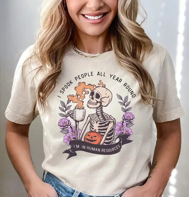 Human Resources Halloween Shirt Funny Skeleton HR Team Tee Office Party Coffee Floral Vintage Shortsleeve T-Shirt Women