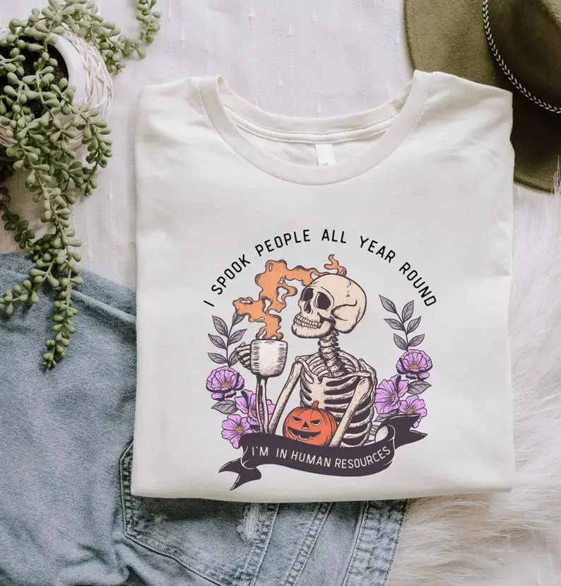 Human Resources Halloween Shirt Funny Skeleton HR Team Tee Office Party Coffee Floral Vintage Shortsleeve T-Shirt Women - photo 2