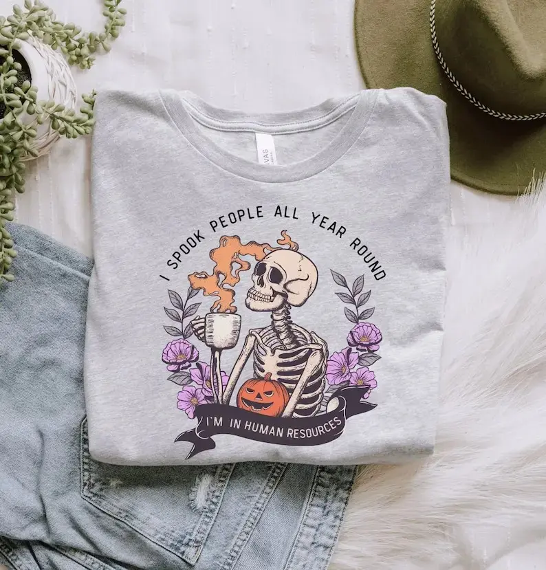 Human Resources Halloween Shirt Funny Skeleton HR Team Tee Office Party Coffee Floral Vintage Shortsleeve T-Shirt Women - photo 3
