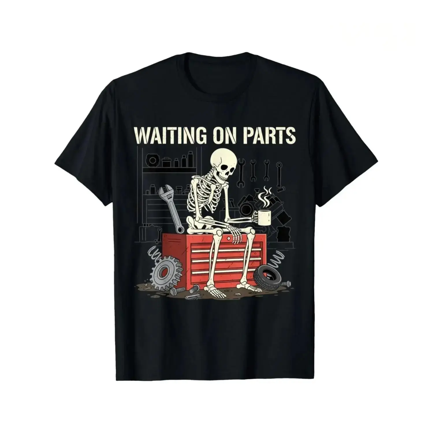 Funny Skeleton Auto Mechanic T-Shirt, Trendy Street Style Graphic Crew Neck Tee for Men and Women