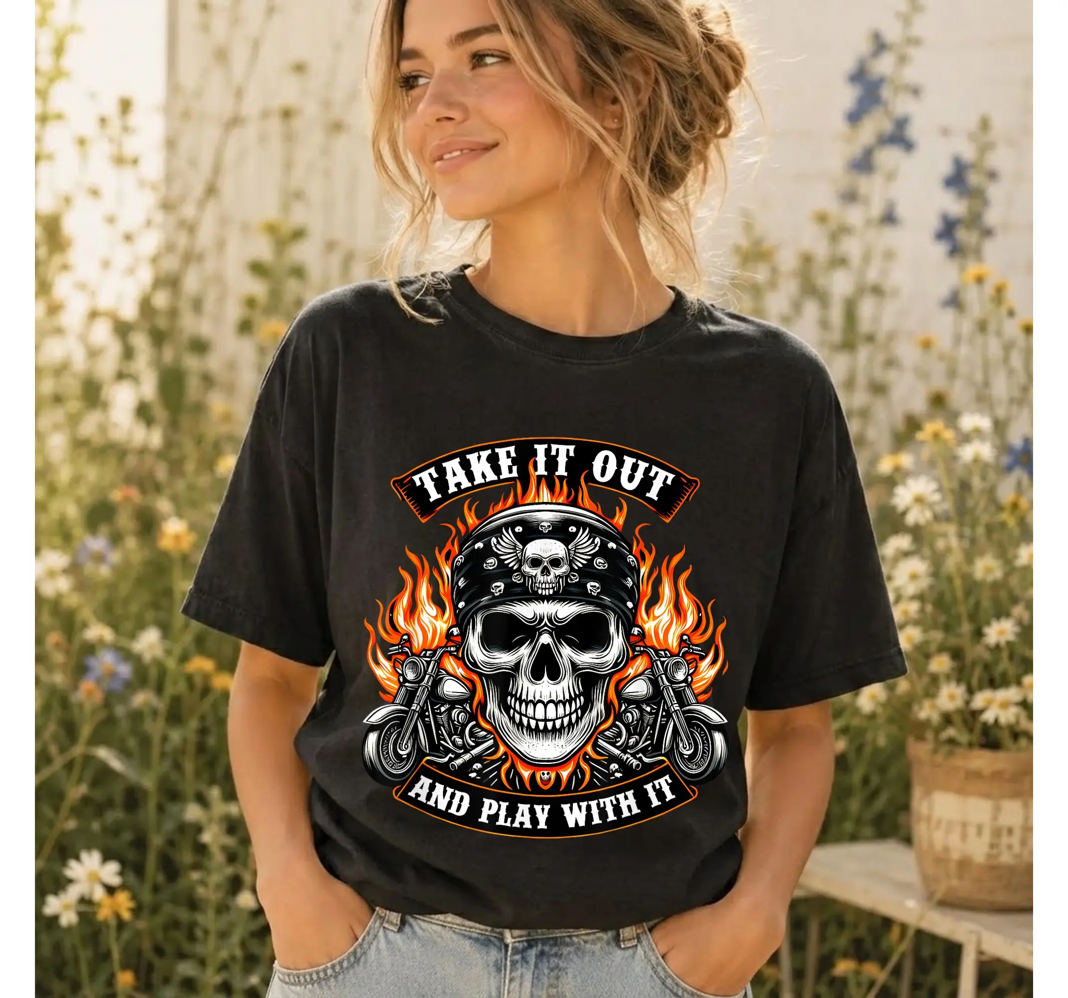 Humorous Skeleton Biker Graphic Tee, Mens Motorcycle Skull Rider Shirt