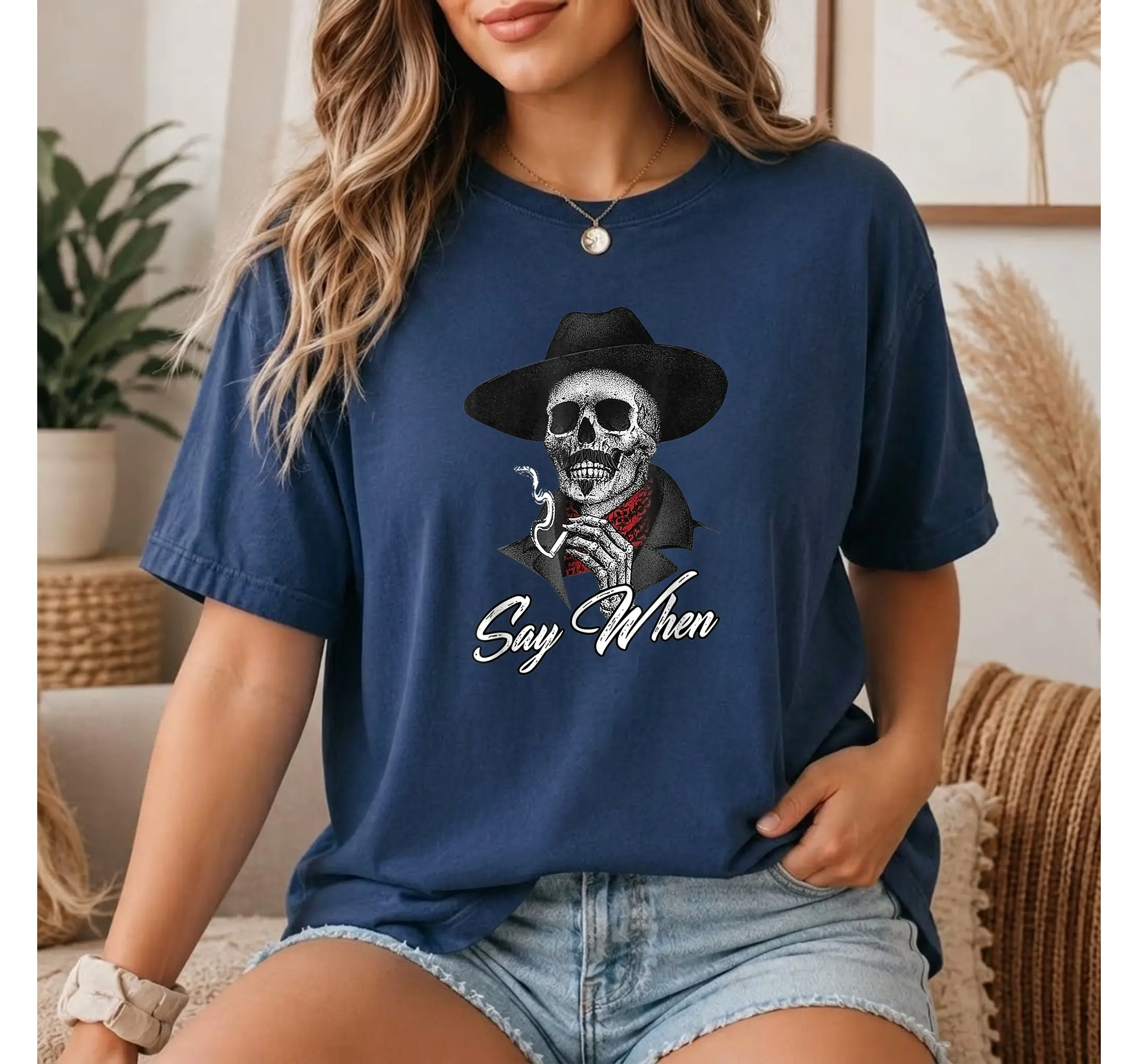 Humorous Say When Skeleton Graphic Tee, Vintage Skull Funny Shirt for Adults
