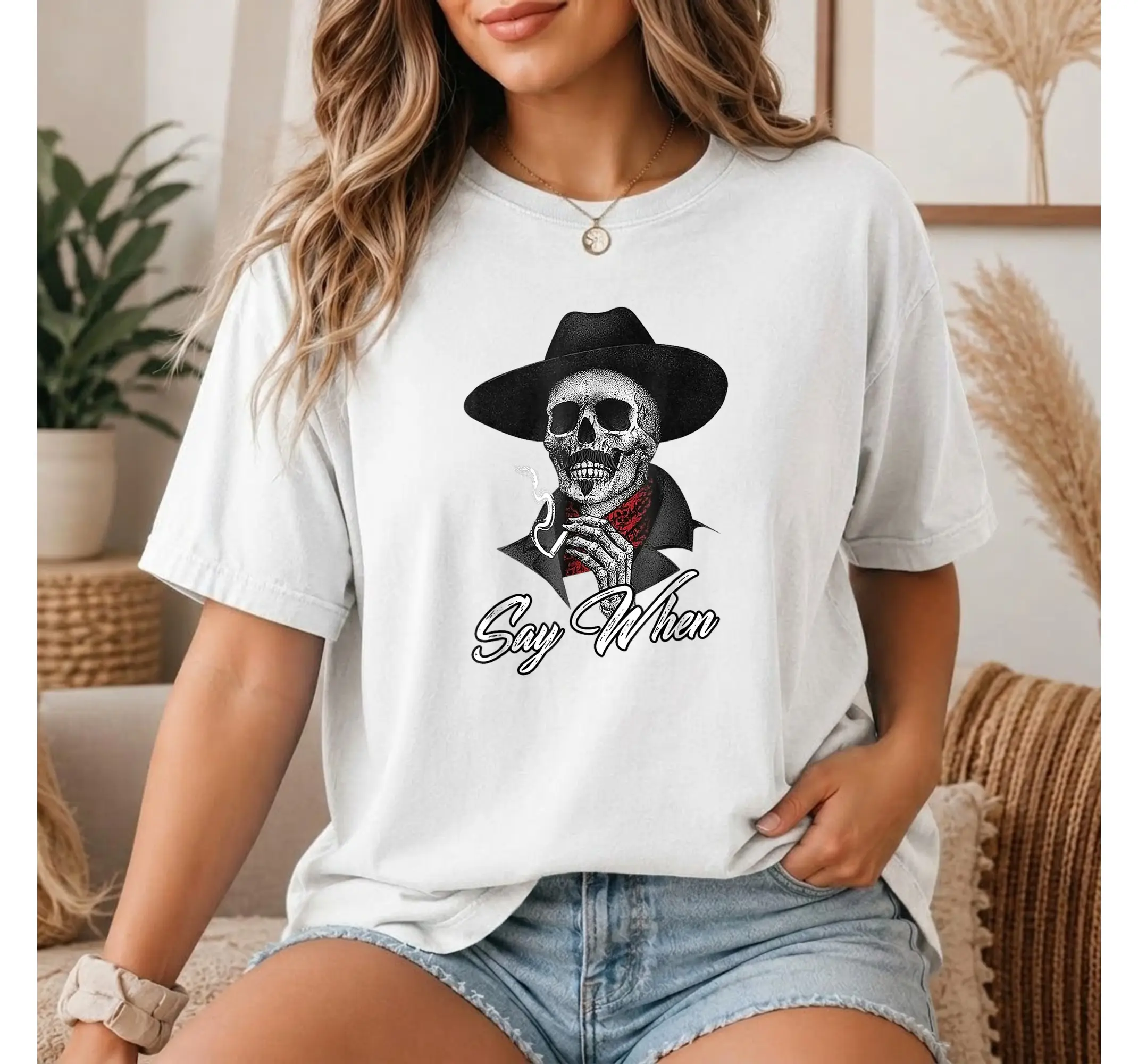 Humorous Say When Skeleton Graphic Tee, Vintage Skull Funny Shirt for Adults - photo 2