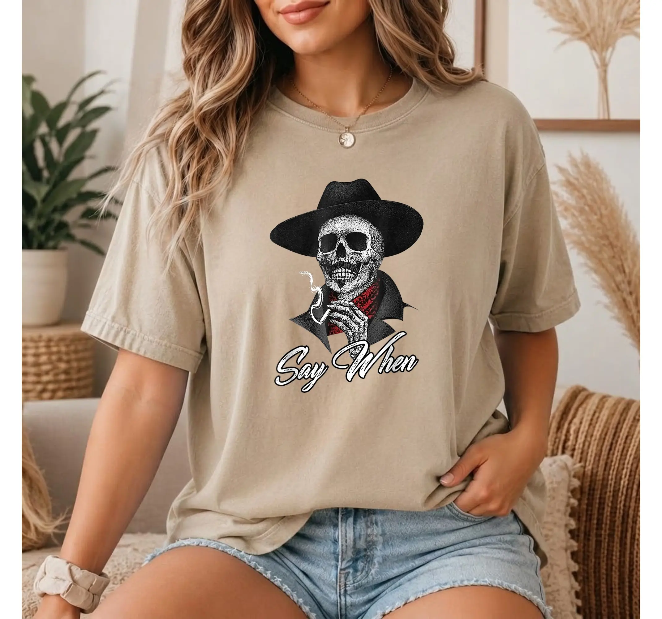 Humorous Say When Skeleton Graphic Tee, Vintage Skull Funny Shirt for Adults - photo 3