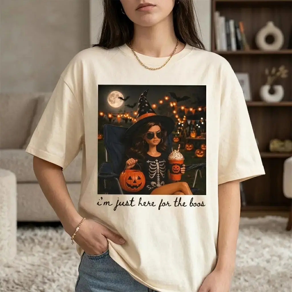 I'm Just Here For The Boos Halloween T-Shirt for Women, Funny Doll Face Graphic Tee, Spooky Season Pumpkin Humor Top