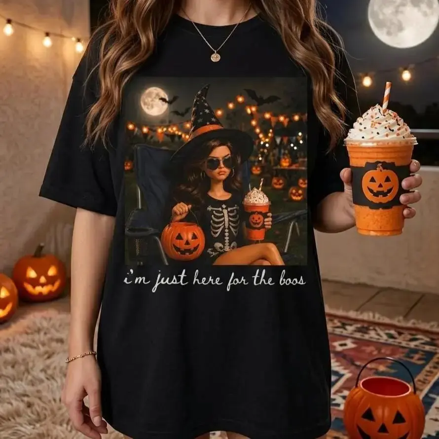 I'm Just Here For The Boos Halloween T-Shirt for Women, Funny Doll Face Graphic Tee, Spooky Season Pumpkin Humor Top - photo 2
