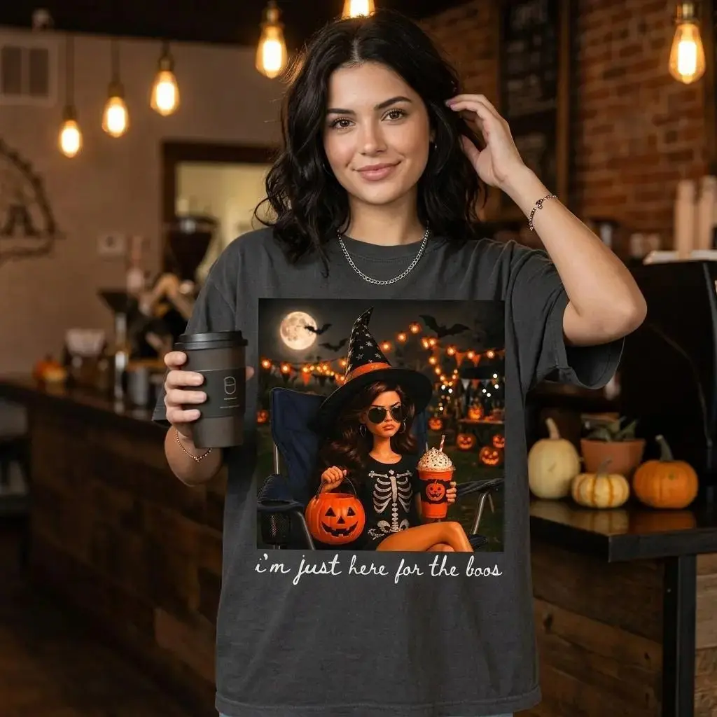 I'm Just Here For The Boos Halloween T-Shirt for Women, Funny Doll Face Graphic Tee, Spooky Season Pumpkin Humor Top - photo 3