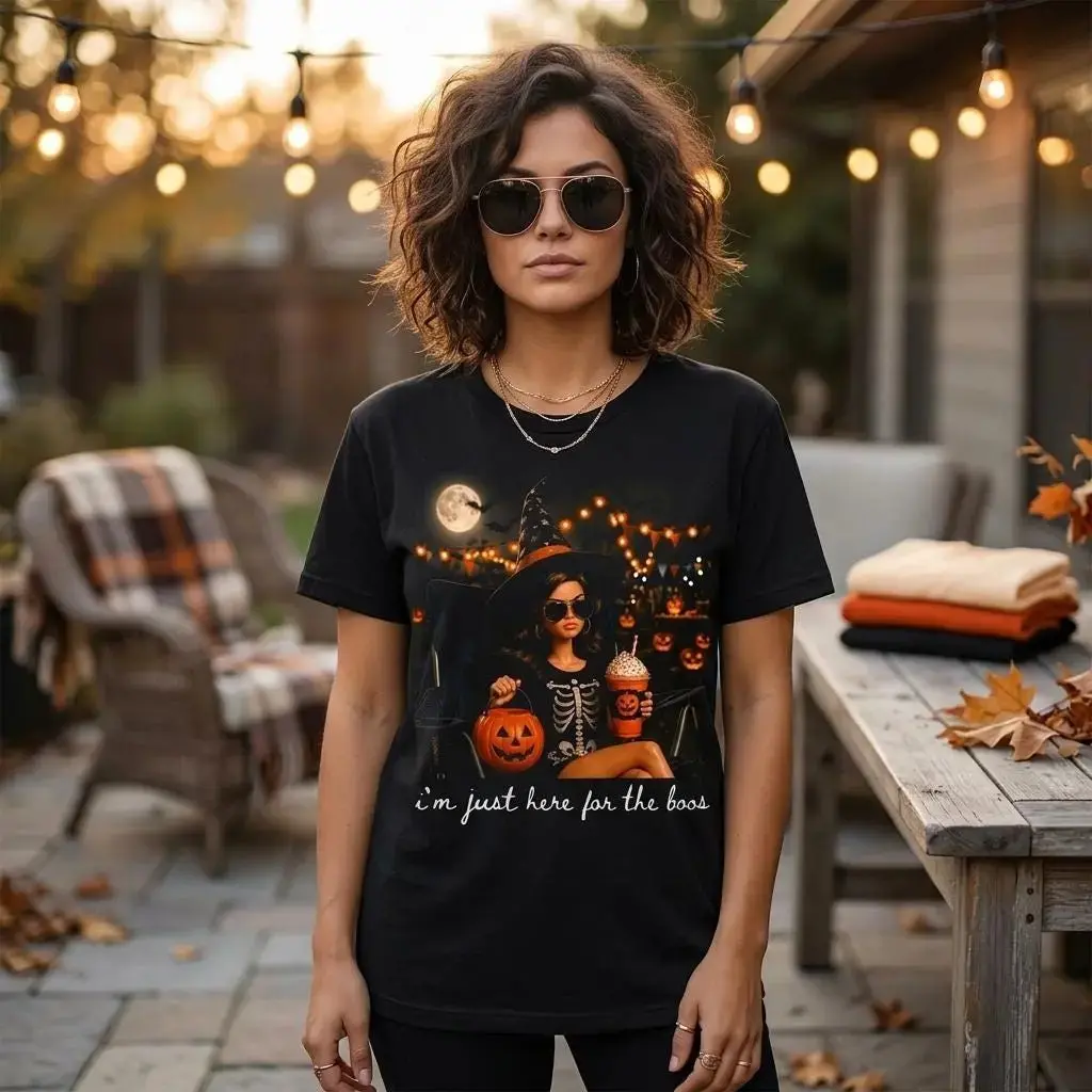 I'm Just Here For The Boos Halloween T-Shirt for Women, Funny Doll Face Graphic Tee, Spooky Season Pumpkin Humor Top - photo 4
