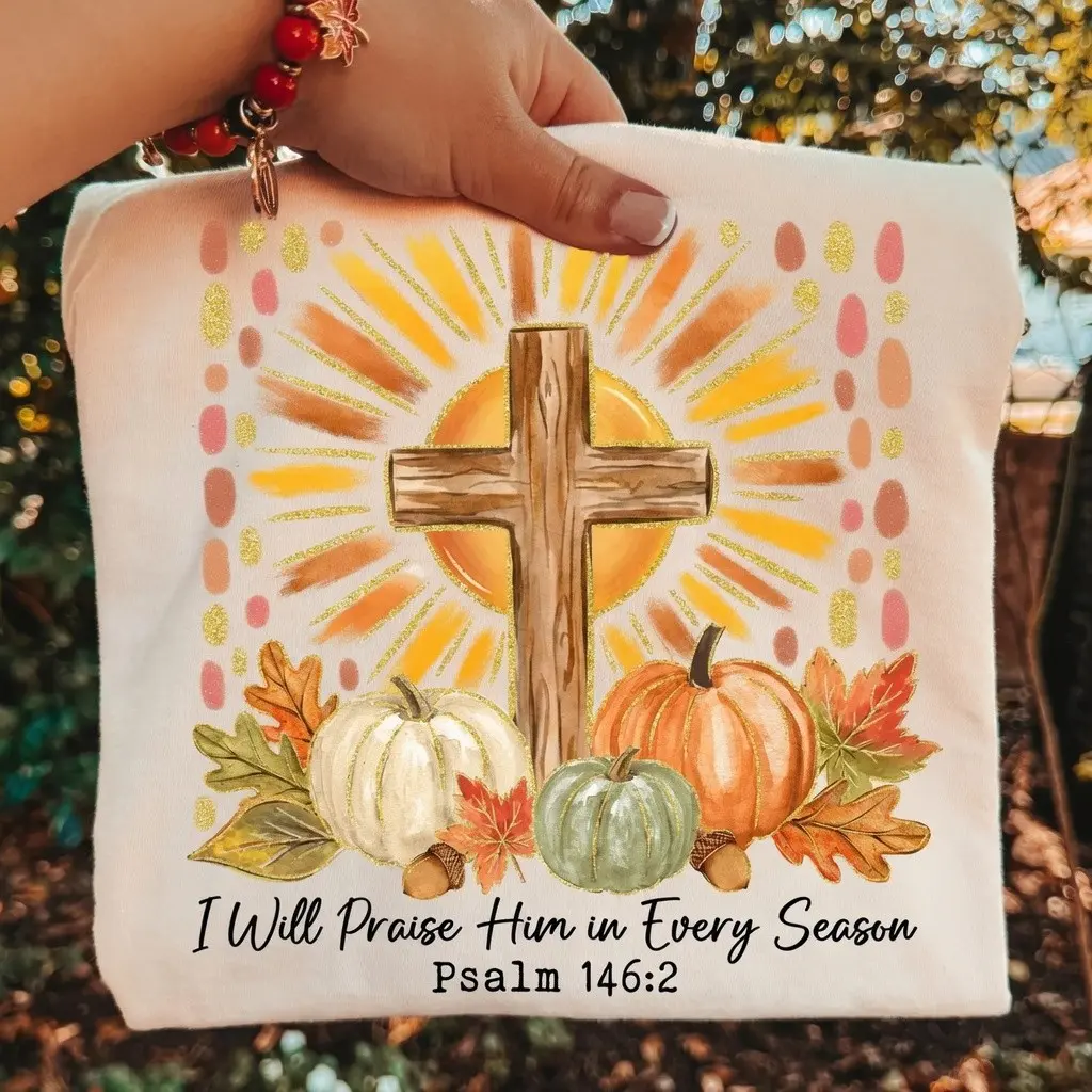 I Will Praise Him Christian Fall T-Shirt, Comfort Colors Floral Pumpkin Cross Bible Verse Jesus Tee