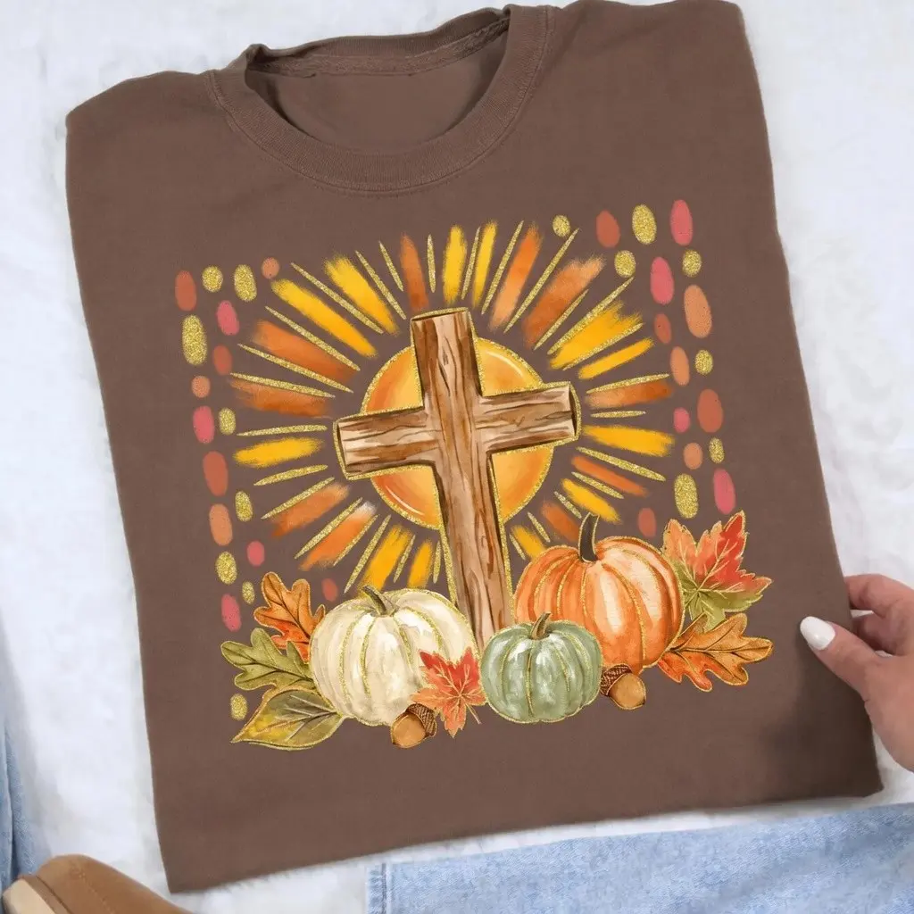I Will Praise Him Christian Fall T-Shirt, Comfort Colors Floral Pumpkin Cross Bible Verse Jesus Tee - photo 2
