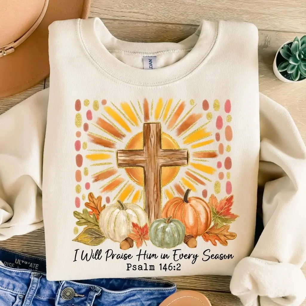 I Will Praise Him Christian Fall T-Shirt, Comfort Colors Floral Pumpkin Cross Bible Verse Jesus Tee - photo 3