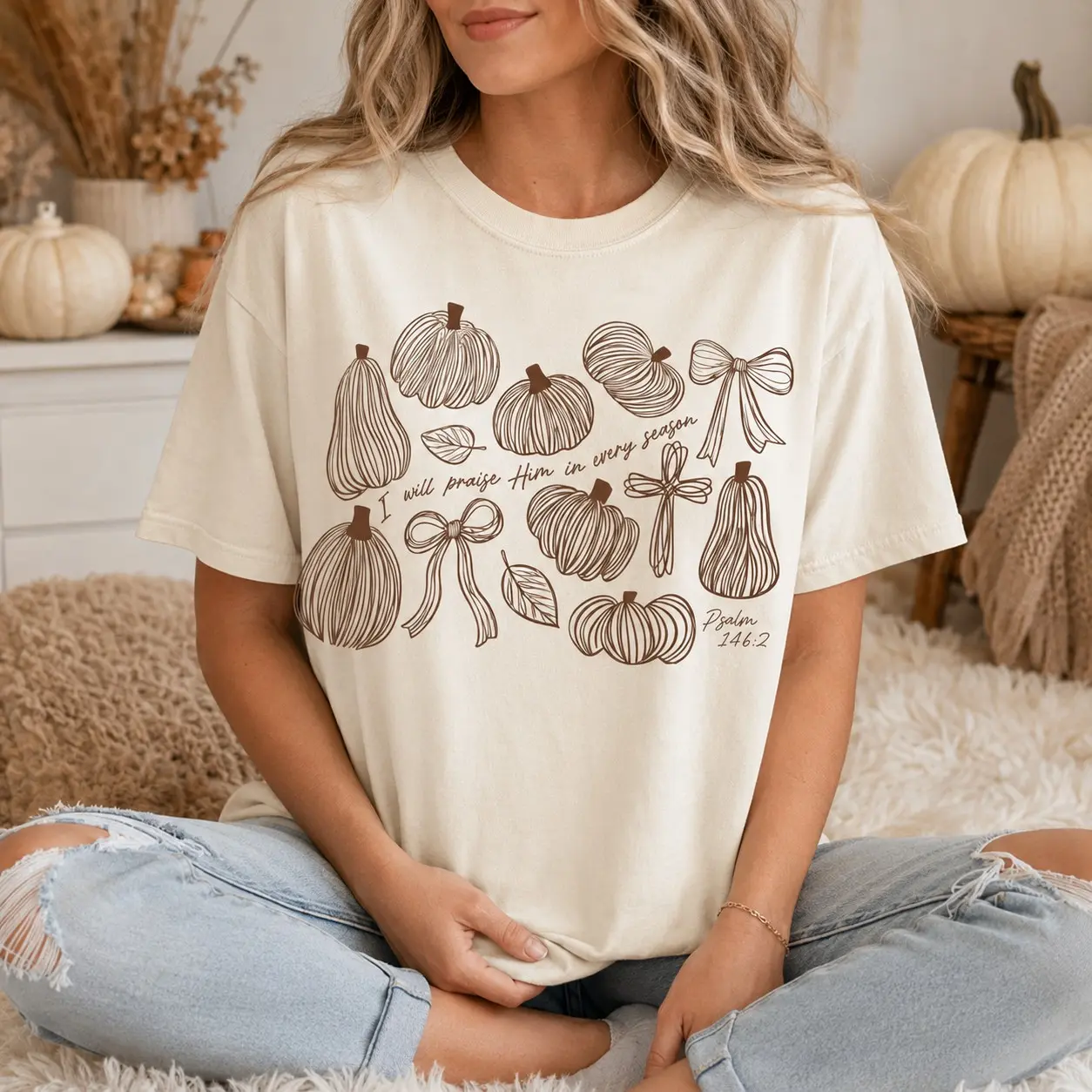 Comfort Colors I Will Praise Him In Every Season Shirt, Give Thanks Retro Thanksgiving Pumpkin Bible Tee
