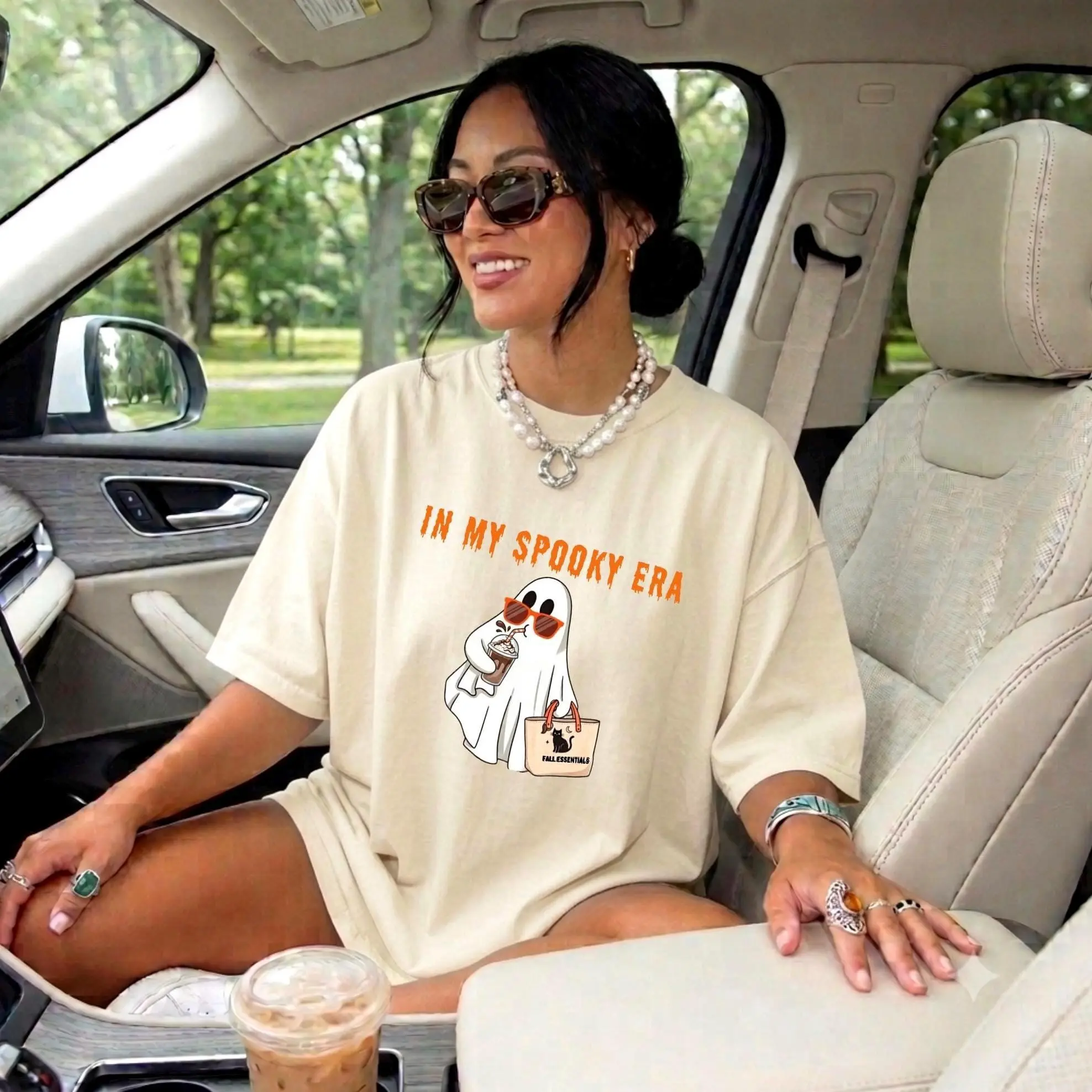 Comfort Colors In My Spooky Era Shirt, Cute Halloween Ghost Tee, Womens Autumn Fall Vibes Coffee Graphic Top