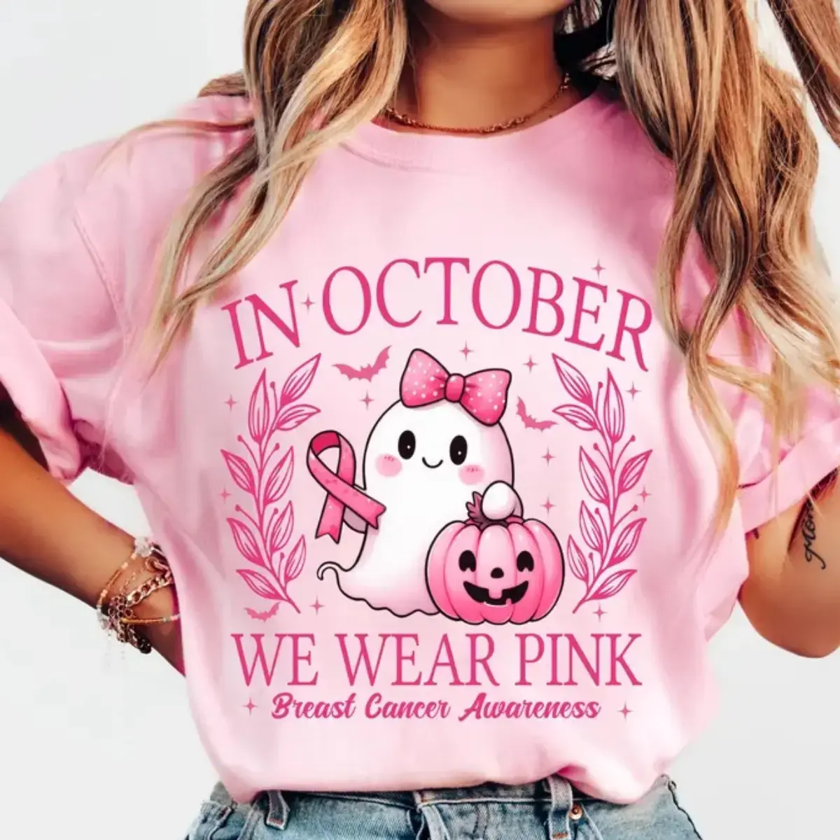 In October We Wear Pink T-Shirt, Retro Breast Cancer Awareness Halloween Ghost Graphic Tee