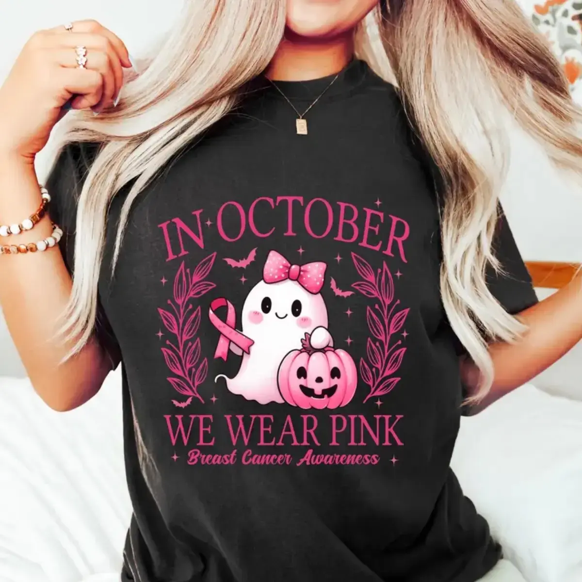 In October We Wear Pink T-Shirt, Retro Breast Cancer Awareness Halloween Ghost Graphic Tee - photo 2
